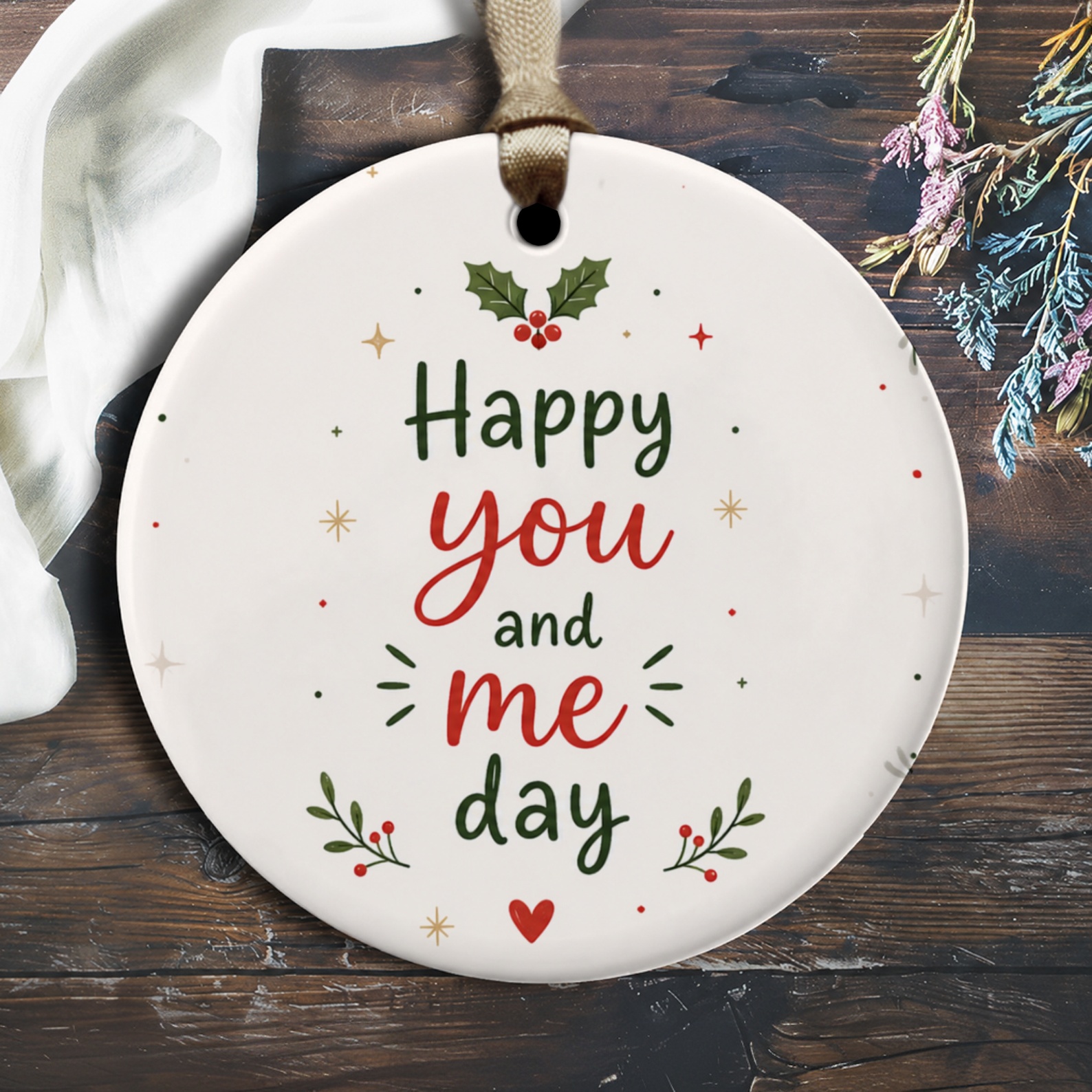 Happy You And Me Day Romantic Ornament Festive Holly Heart Christmas Decoration Couple Gift Love O2431