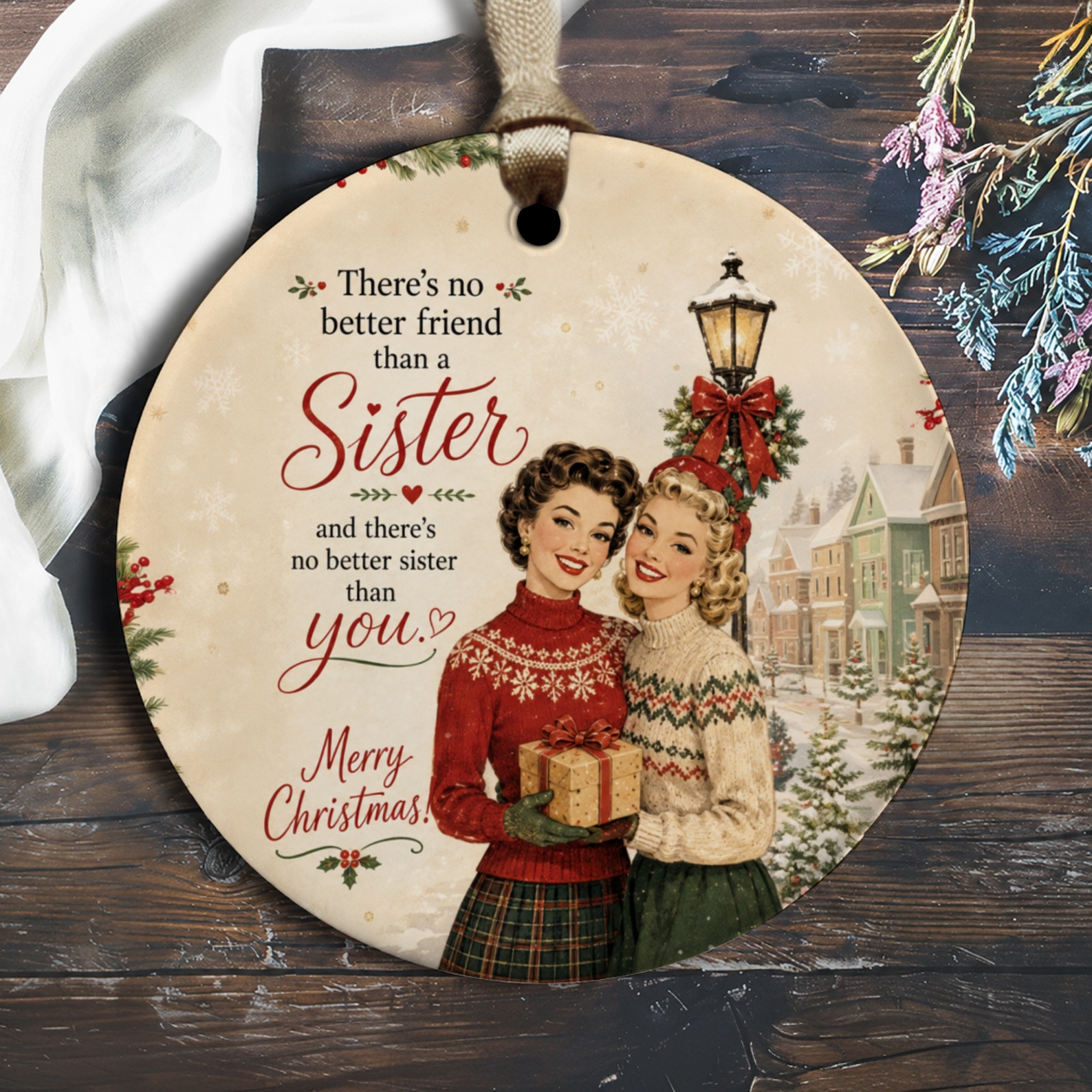 There's No Better Friend Than A Sister Christmas Ornament Vintage Holiday Decor Gift For Sister Retro Style Xmas Ornament O2436