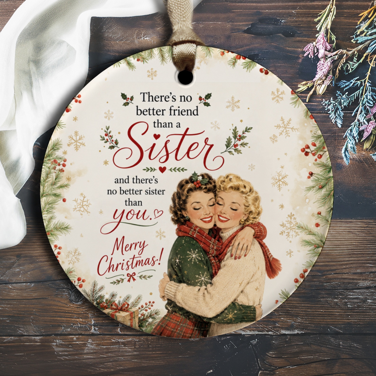 There's No Better Friend Than A Sister Christmas Ornament Holiday Gift For Sister Vintage Style Festive Decoration O2437