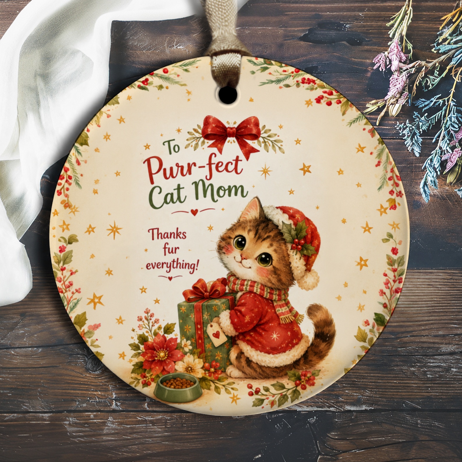 To Purr-Fect Cat Mom Thanks Fur Everything Christmas Ornament Cute Cat Lover Gift Festive Holiday Decor For Her O2445