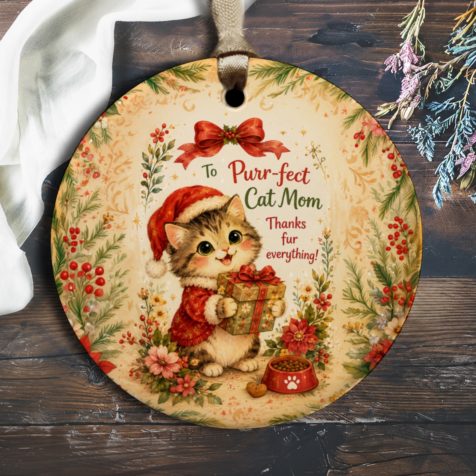 To Purr-Fect Cat Mom Thanks Fur Everything Christmas Ornament Cute Cat Lover Gift Holiday Decor Festive Floral O2446