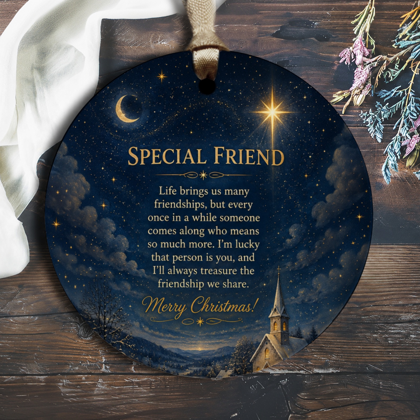 Special Friend Merry Christmas Ornament Night Sky Stars Church Scene Friendship Gift Keepsake Holiday Decoration O2378