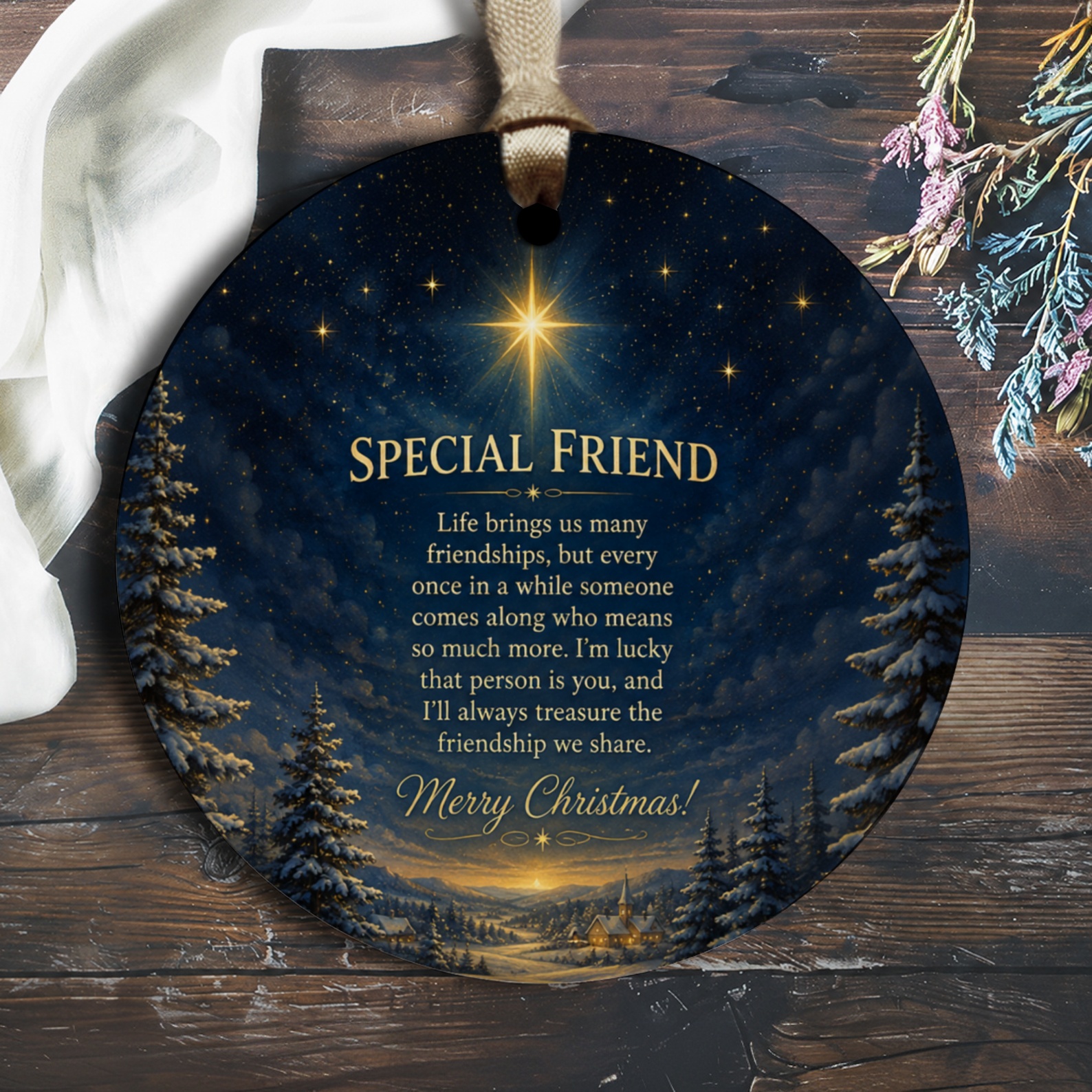 Special Friend Merry Christmas Ornament Starry Night Scene Friendship Gift Holiday Decor Keepsake O2379