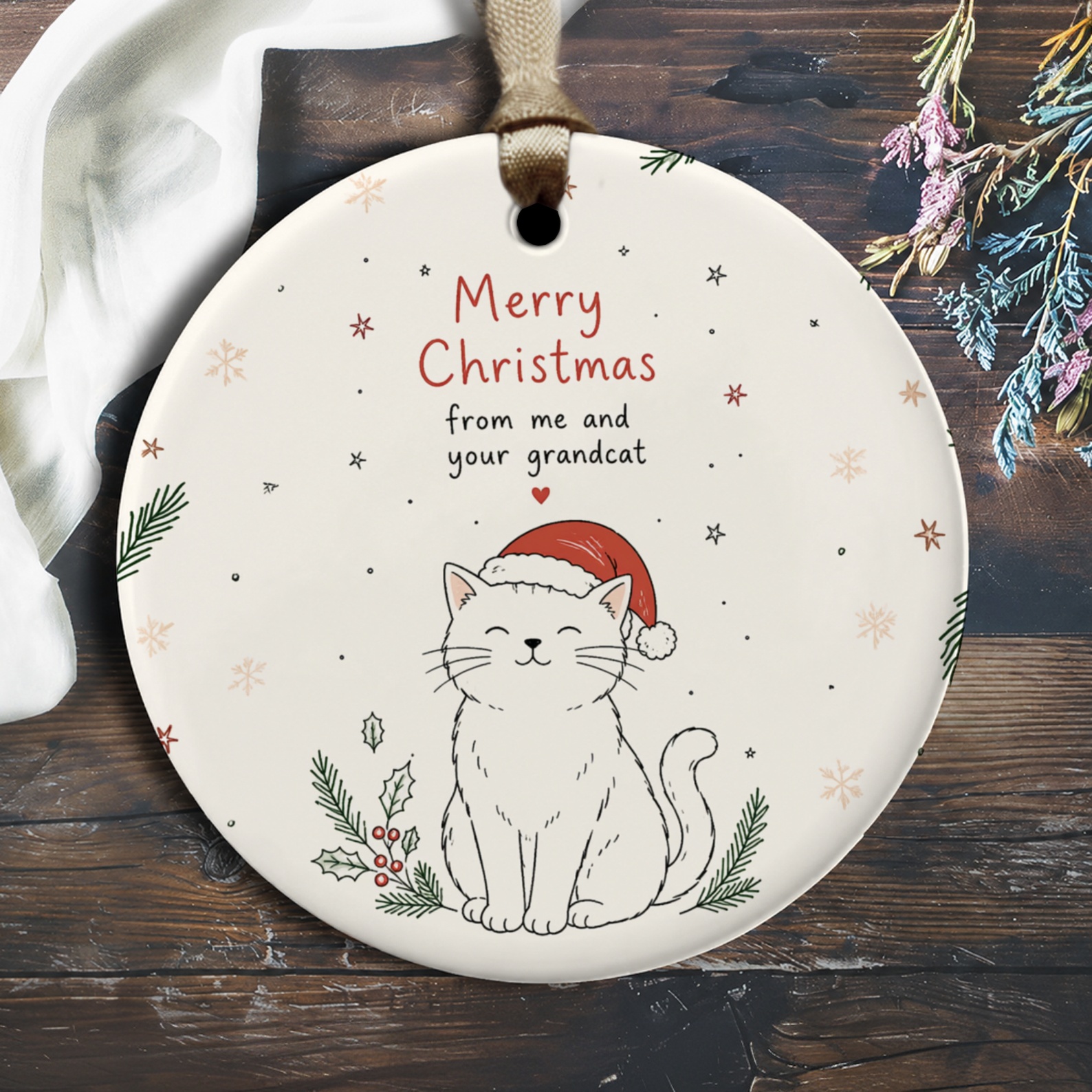 Merry Christmas From Me And Your Grandcat Ornament Cute Cat With Santa Hat Christmas Decoration For Cat Lovers Holiday Gift O2385