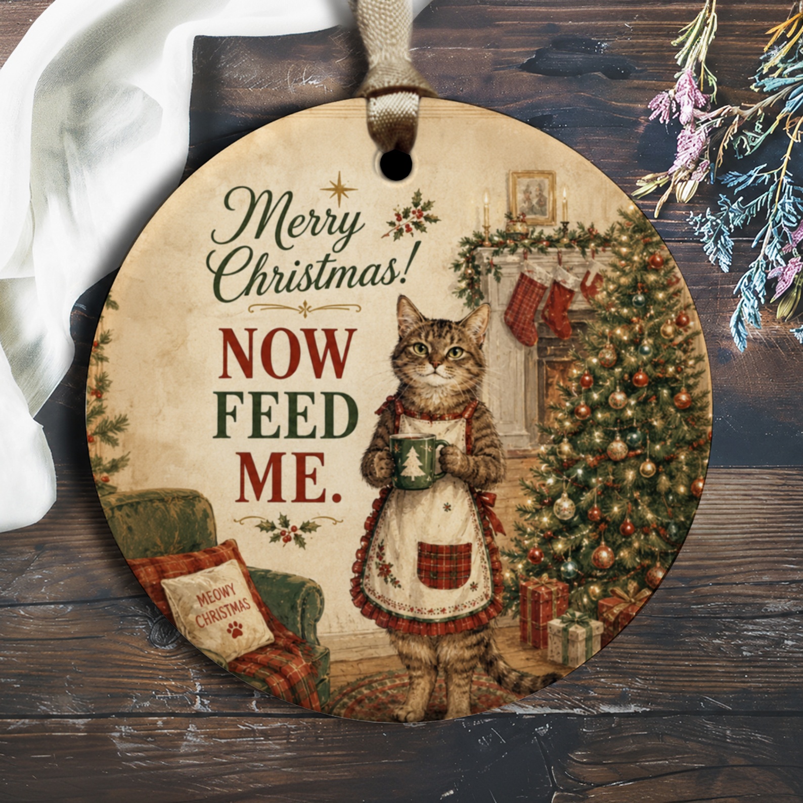 Merry Christmas! Now Feed Me. Funny Cat Ornament Christmas Tree Decor Holiday Gift For Cat Lovers Cute Festive Decoration O2409