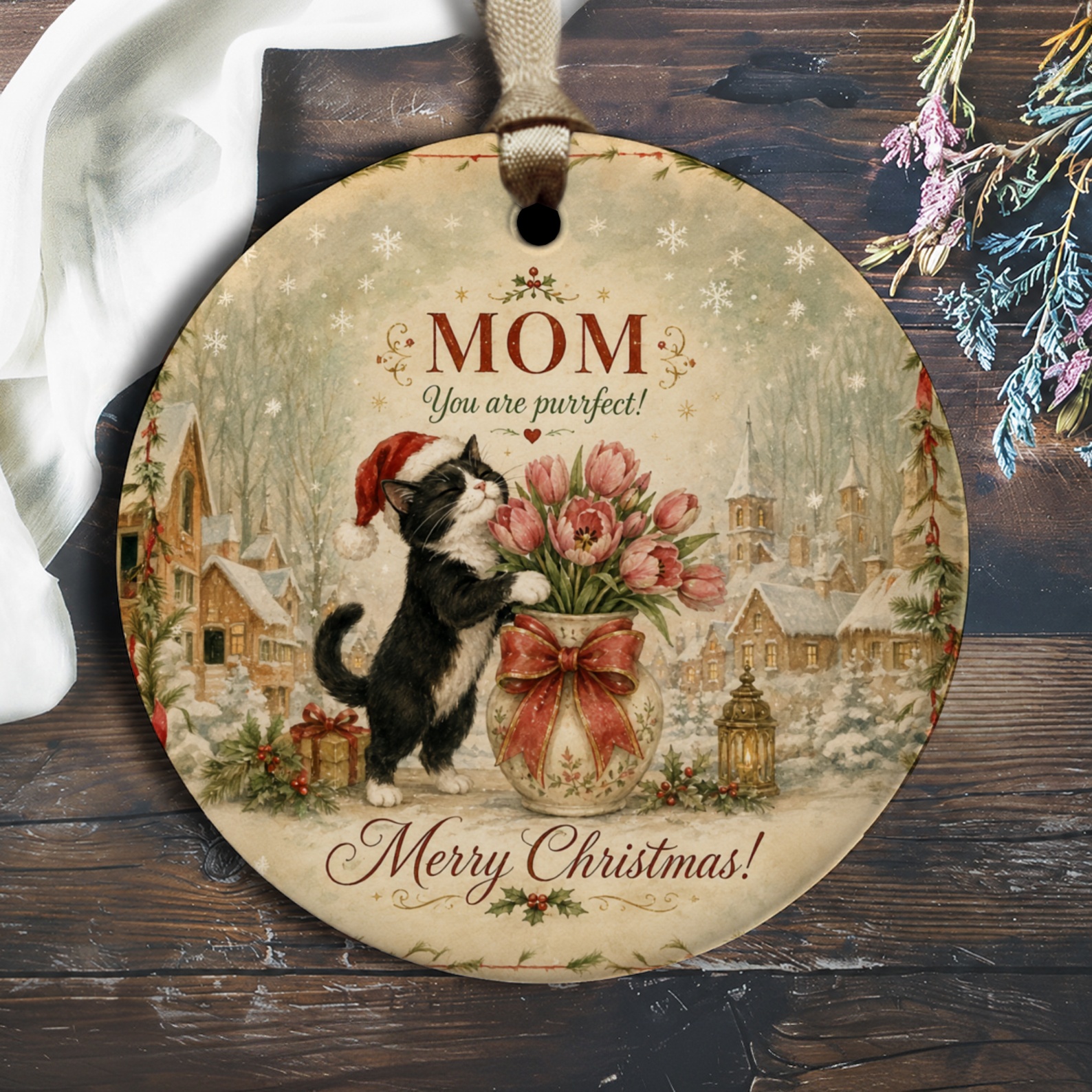 Mom You Are Purrfect! Merry Christmas! Cat Ornament Christmas Gift For Mom Cute Holiday Decor Festive Cat Lover Ornament O2411