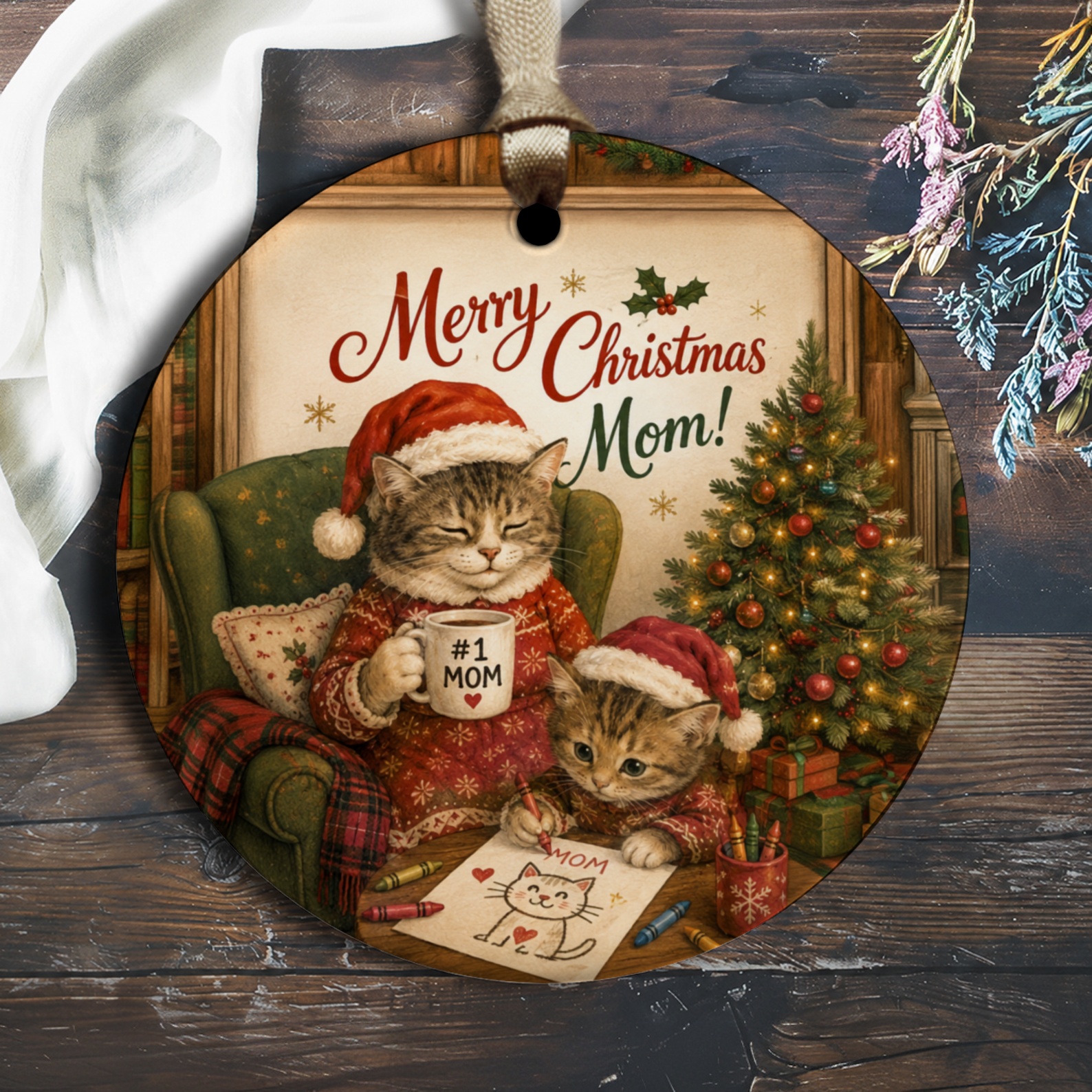 Merry Christmas Mom! Ornament Cute Cat Christmas Ornament Holiday Decor For Mom Festive Tree Decoration Gift For Cat Lover O2423
