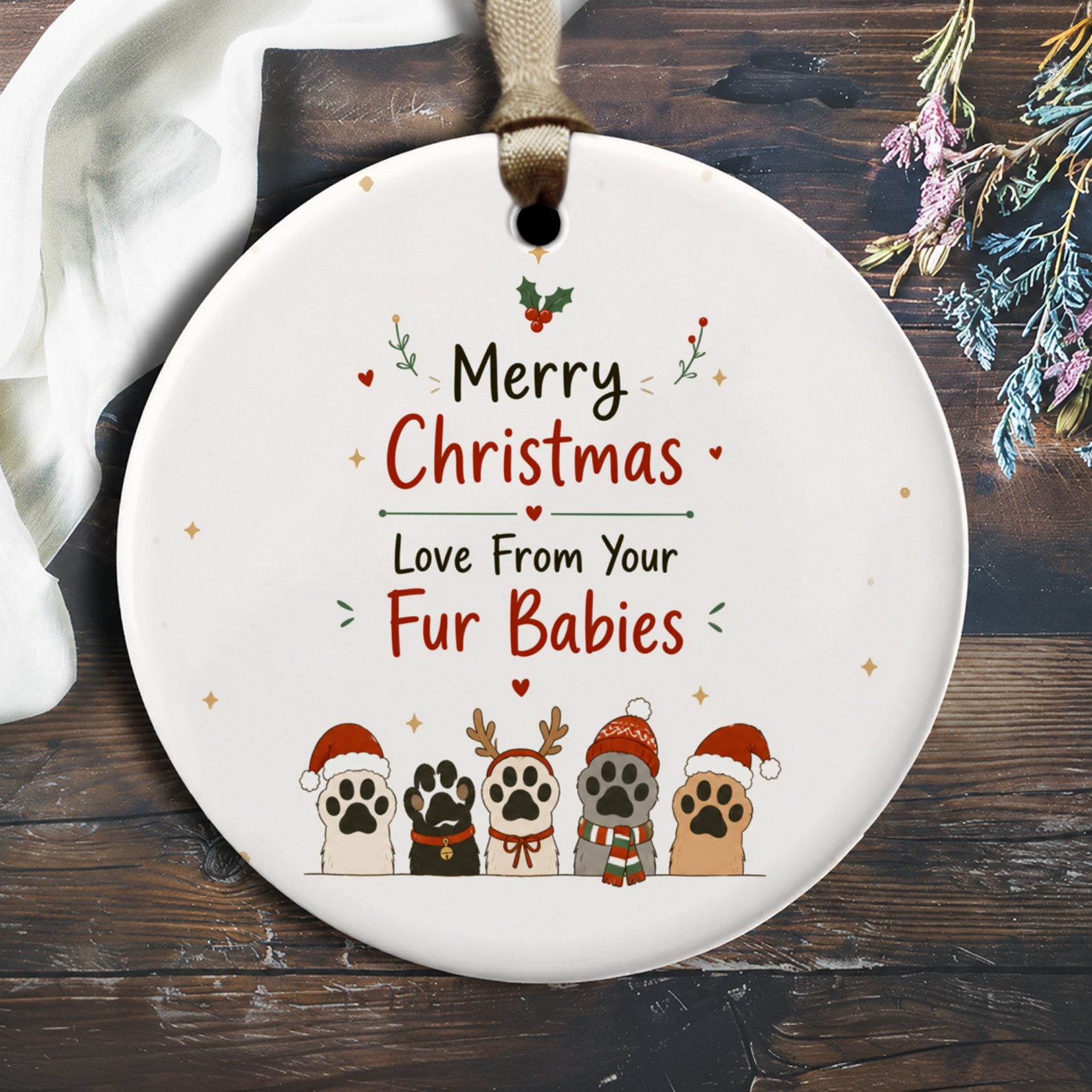Merry Christmas Love From Your Fur Babies Ornament Cute Pet Lover Christmas Decor Dog Cat Paw Holiday Gift O2426