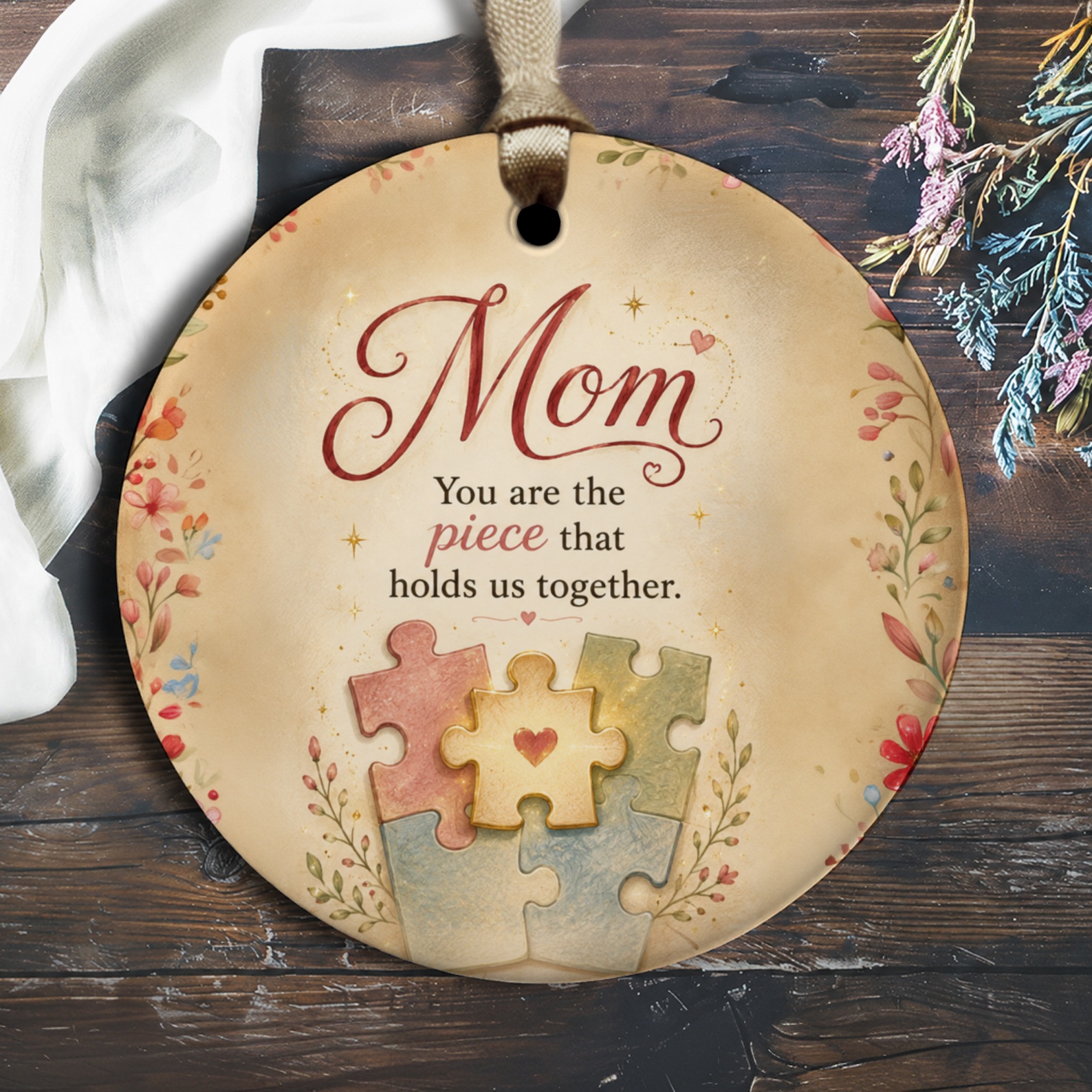 Mom You Are The Piece That Holds Us Together Ornament Mother's Day Gift Floral Puzzle Piece For Mom Sentimental Keepsake O2448