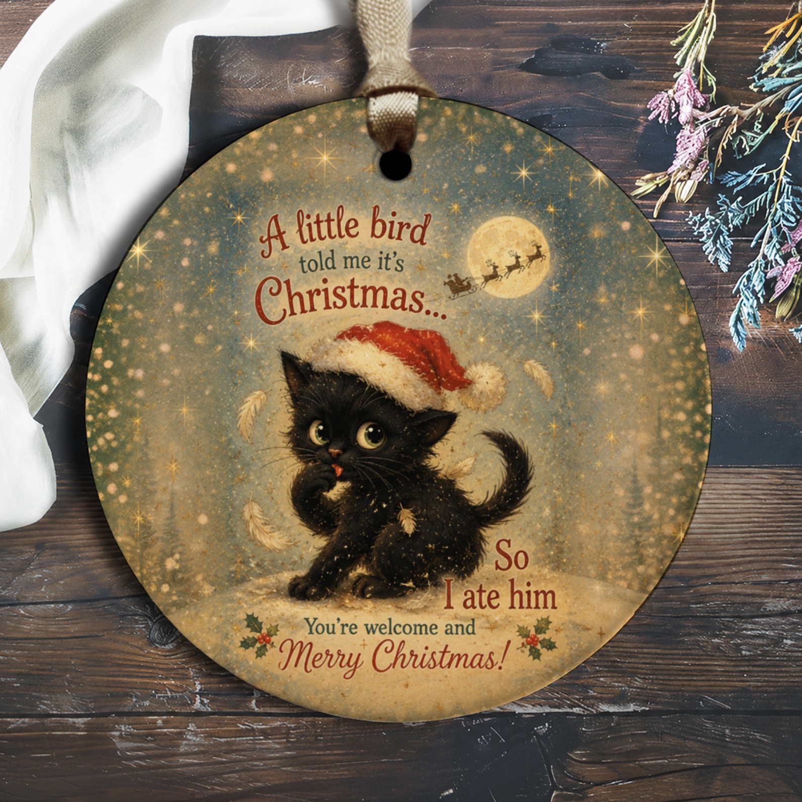 A Little Bird Told Me It's Christmas Funny Cat Ornament Cute Christmas Decor Black Cat Santa Hat Holiday Gift O2449