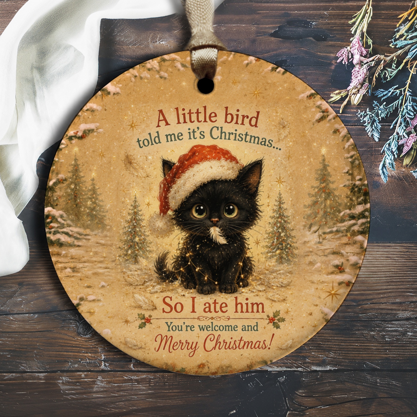 A Little Bird Told Me It's Christmas Funny Cat Ornament Cute Christmas Decor Kitty Santa Hat Holiday Gift O2450