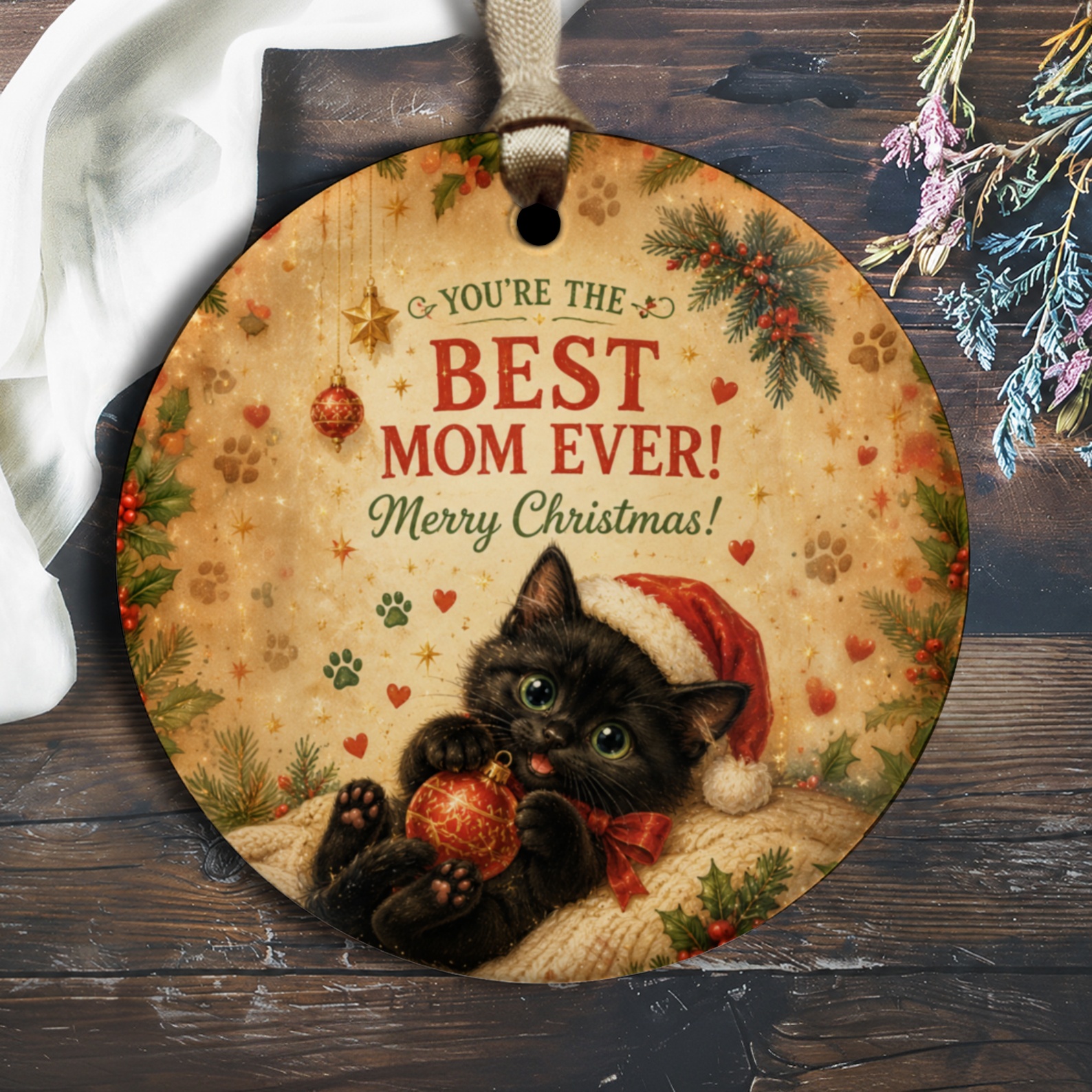 You're The Best Mom Ever! Merry Christmas! Cute Cat Ornament Christmas Gift For Mom Holiday Decor Festive Keepsake O2453