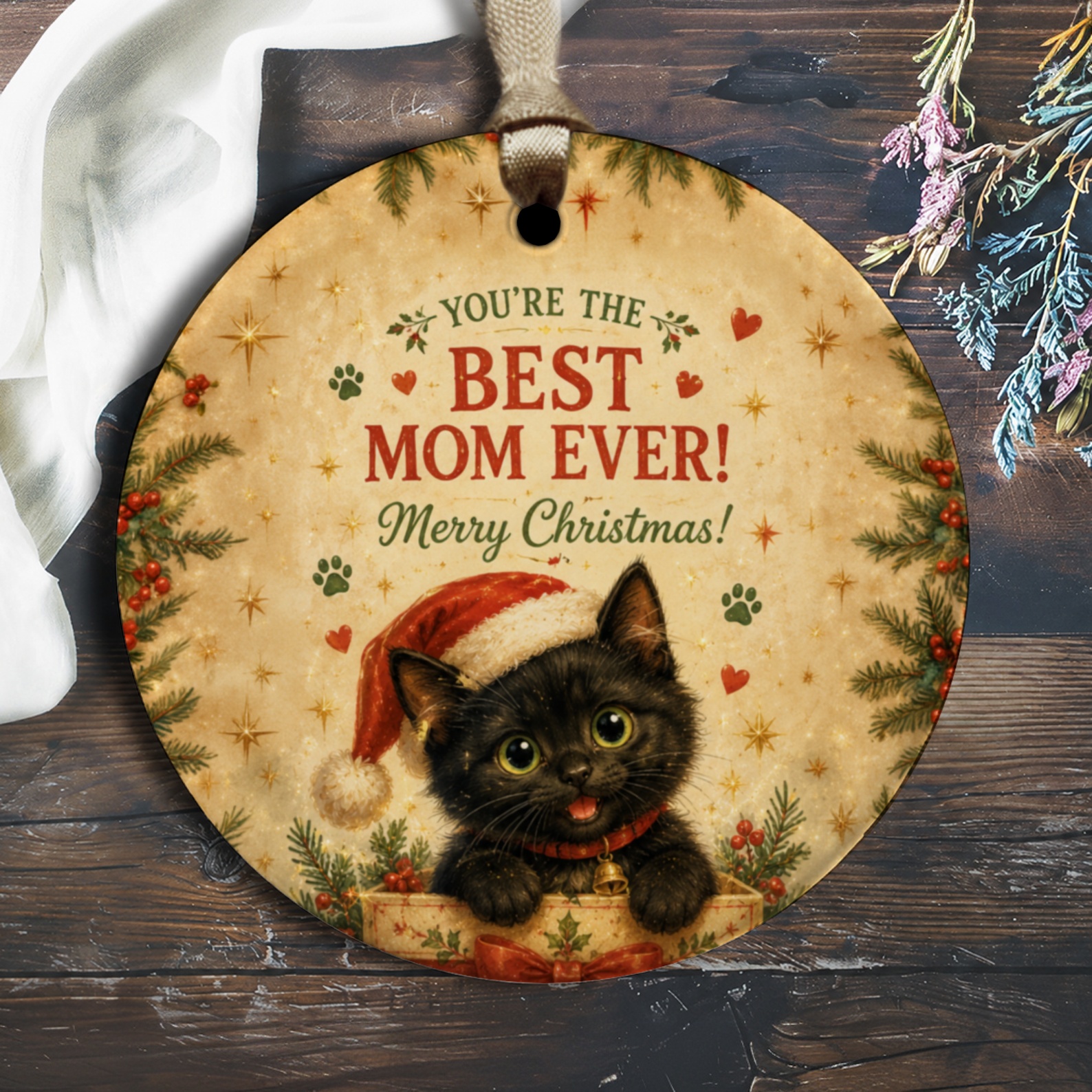 You're The Best Mom Ever! Merry Christmas! Cat Ornament Cute Christmas Gift For Mom Holiday Decor Festive Cat Lover O2454