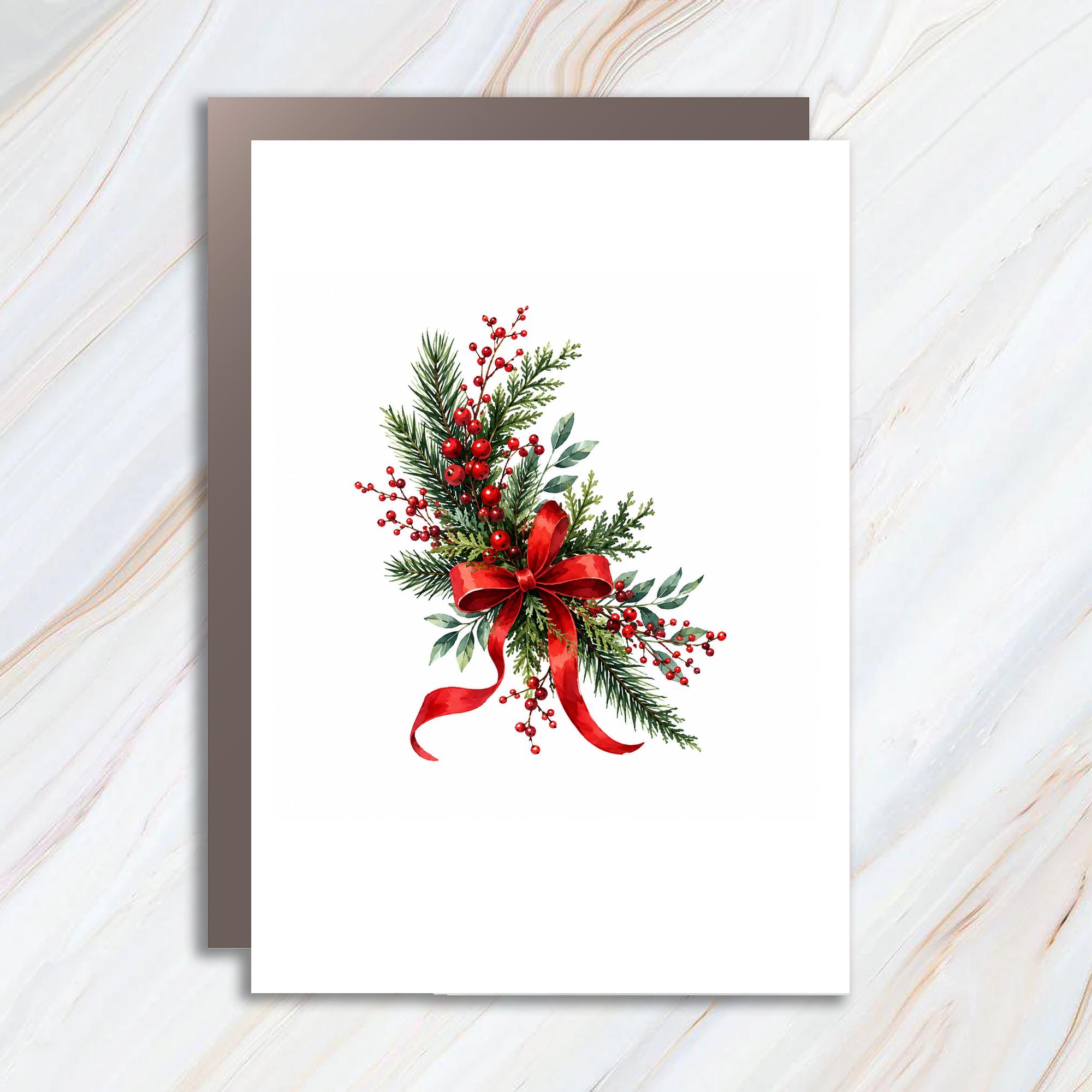 Christmas Floral Greeting Card Red Berries Bow Holiday Card Festive Watercolor For Her Him Seasonal Celebration C1606