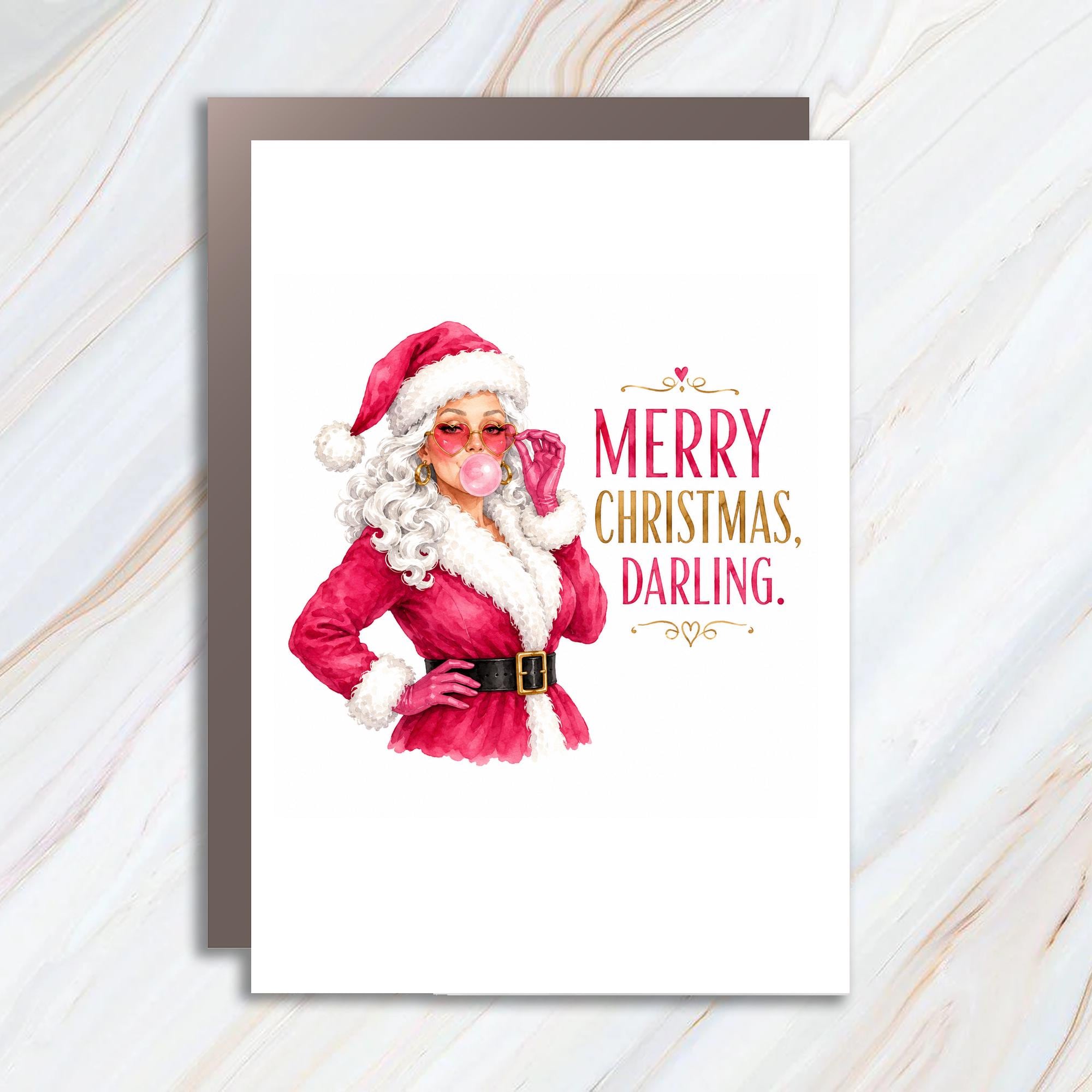 Merry Christmas, Darling. Funny Christmas Card Santa Woman Bubblegum Holiday Greeting Card For Her Cute Festive Card C1615