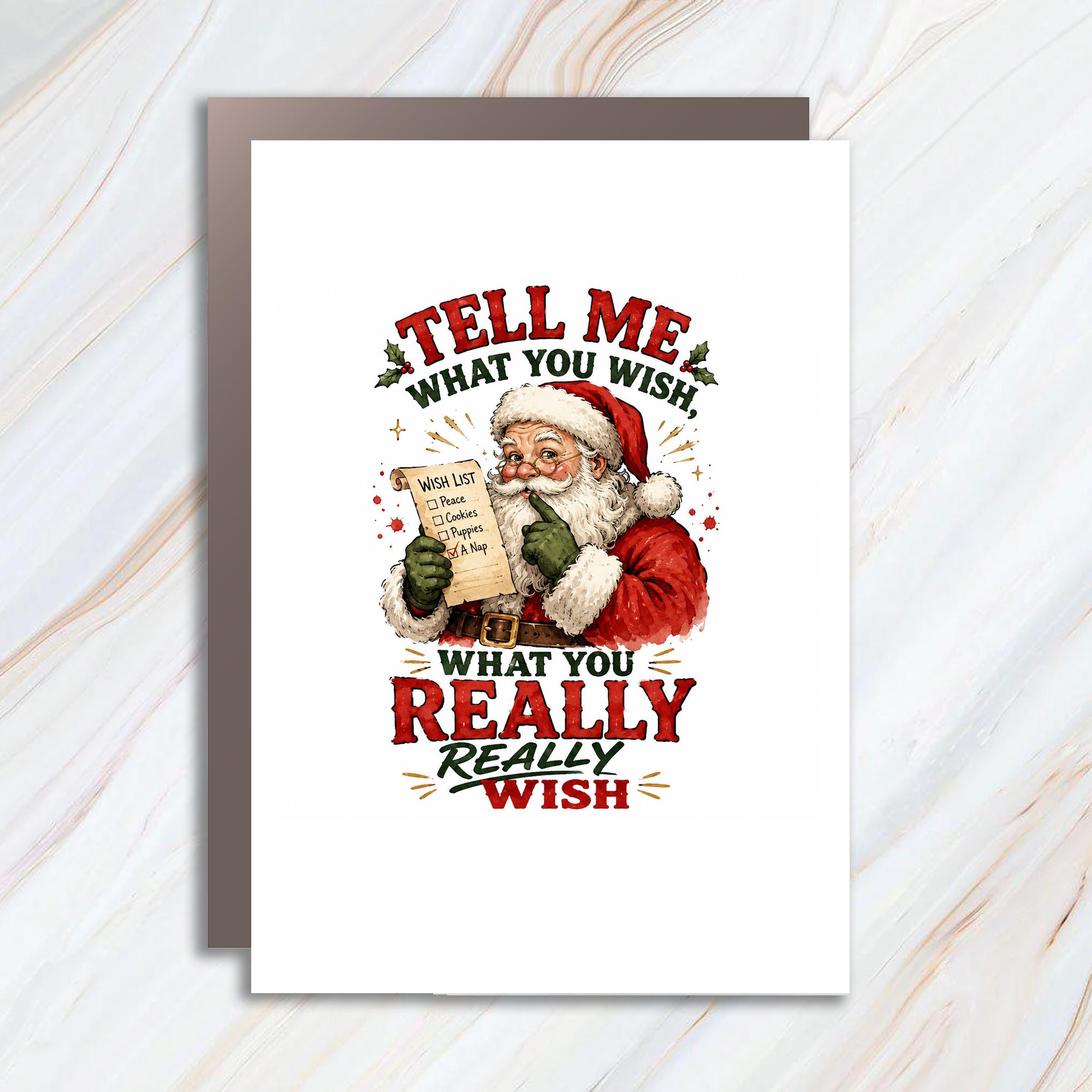 Tell Me What You Wish, What You Really Really Wish Funny Christmas Card Santa Wish List Holiday Greeting Card For Him Her C1625