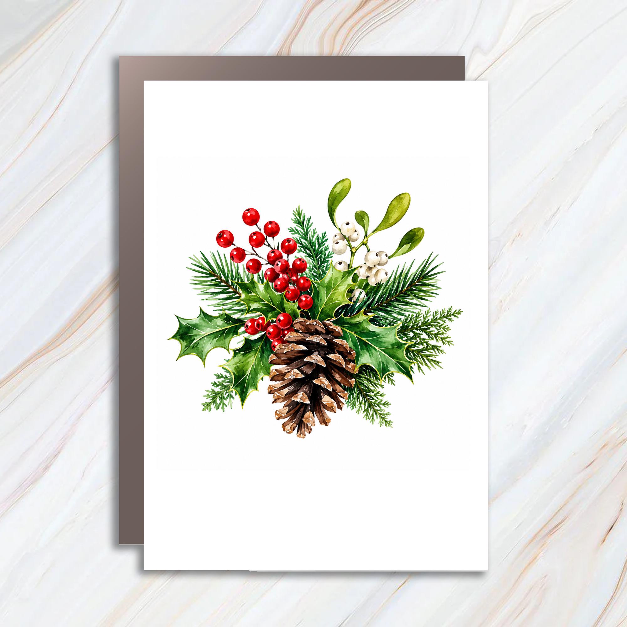 Pinecone Holly Christmas Greeting Card Festive Holiday Card Watercolor Botanical For Nature Lover Seasonal Card C1607