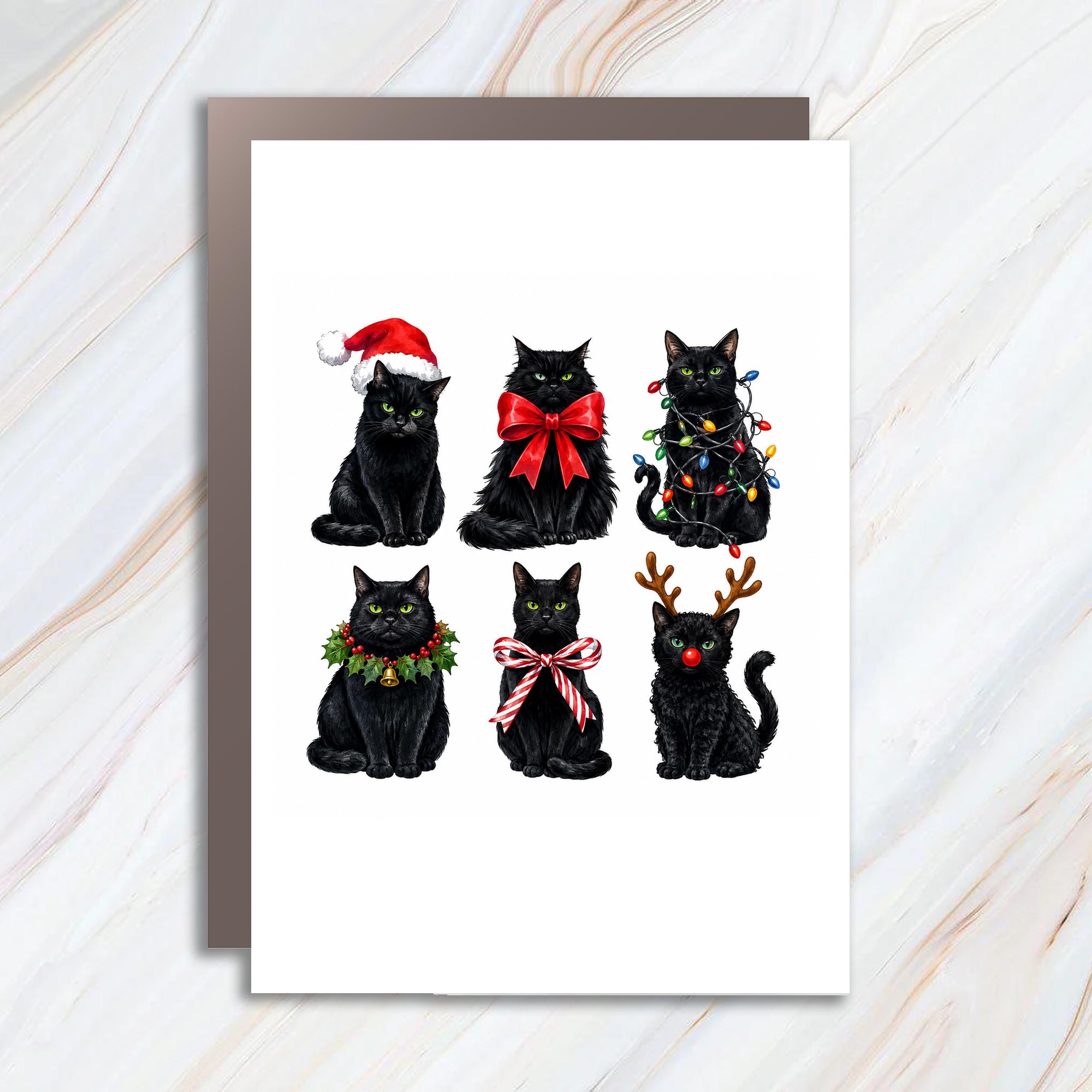 Black Cats Christmas Card Cute Holiday Greeting Card Cat Lover Festive Cats Santa Hat Lights Bow Antlers Holly C1610