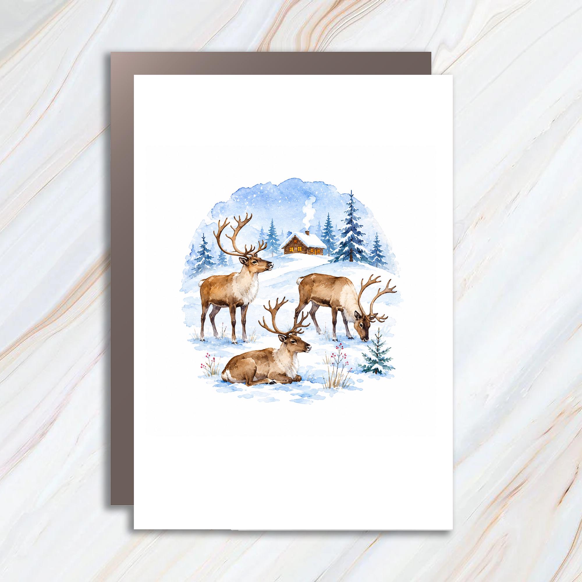 Reindeer Christmas Card Winter Scene Holiday Greeting Card For Family Cozy Cabin Snowy Landscape Watercolor Art C1611