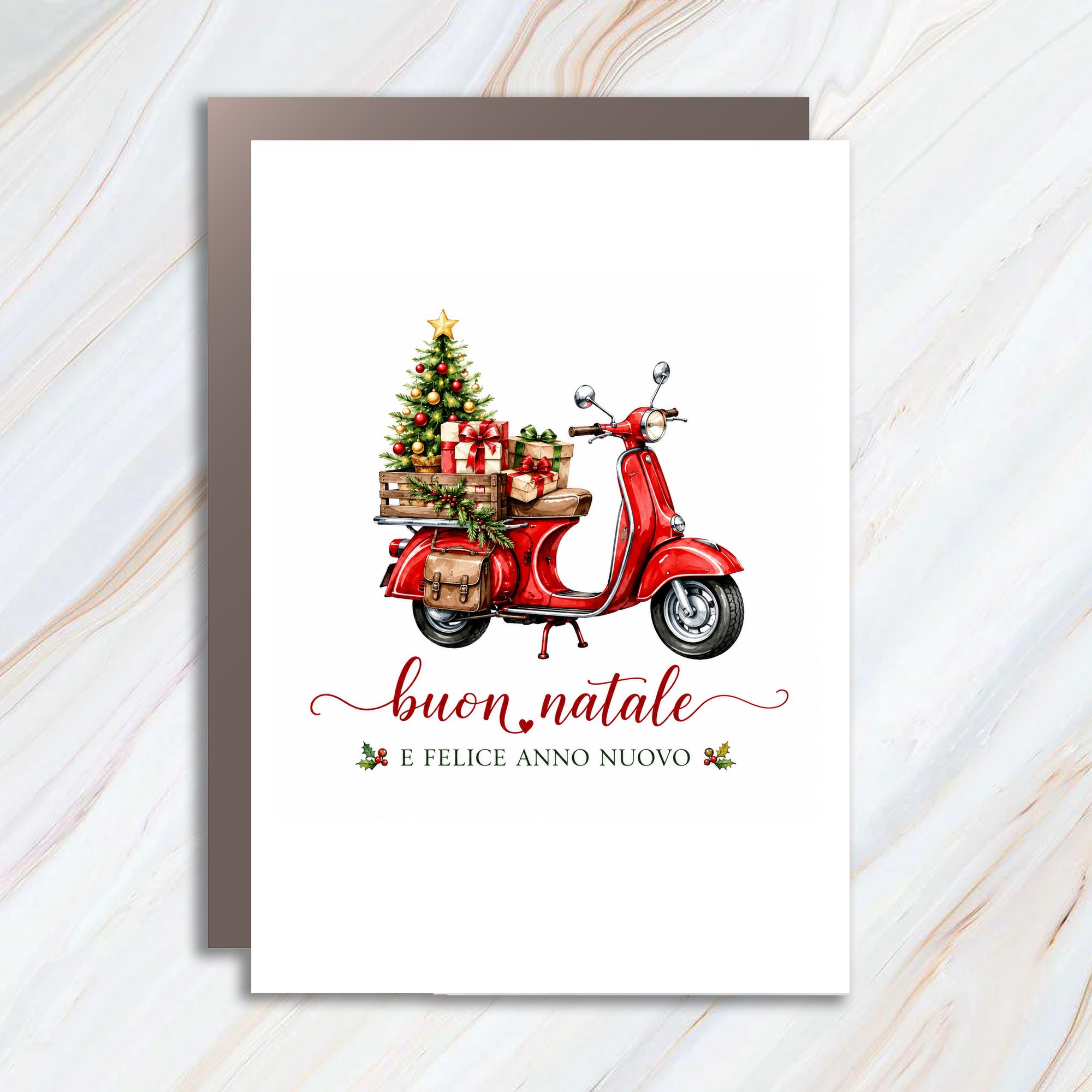 Buon Natale E Felice Anno Nuovo Christmas Card Red Scooter Holiday Greeting Italian Christmas Card Festive Holiday Card C1612