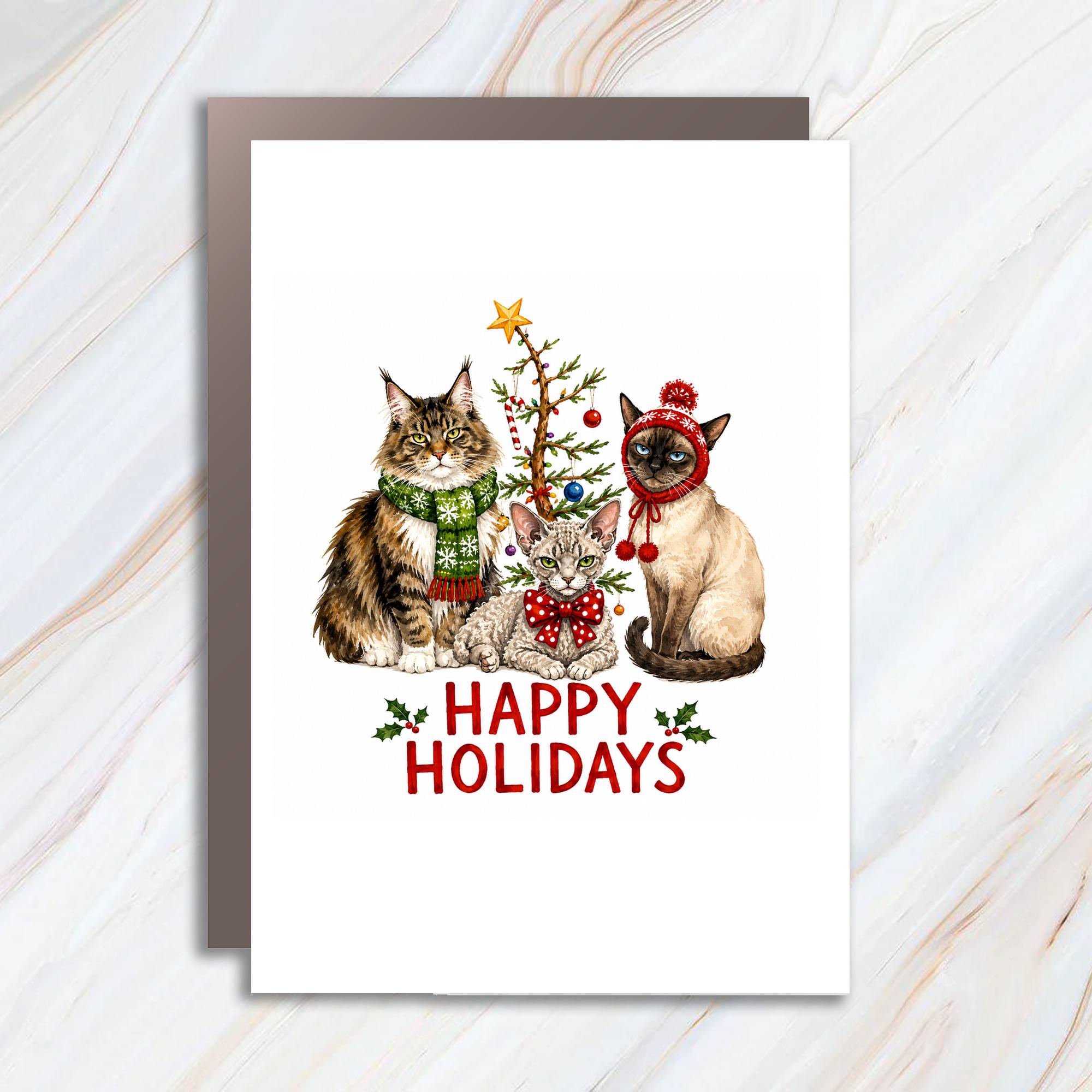 Happy Holidays Funny Cat Christmas Card Cute Cats With Tree Holiday Greeting Card For Cat Lover Festive Animal Card C1641