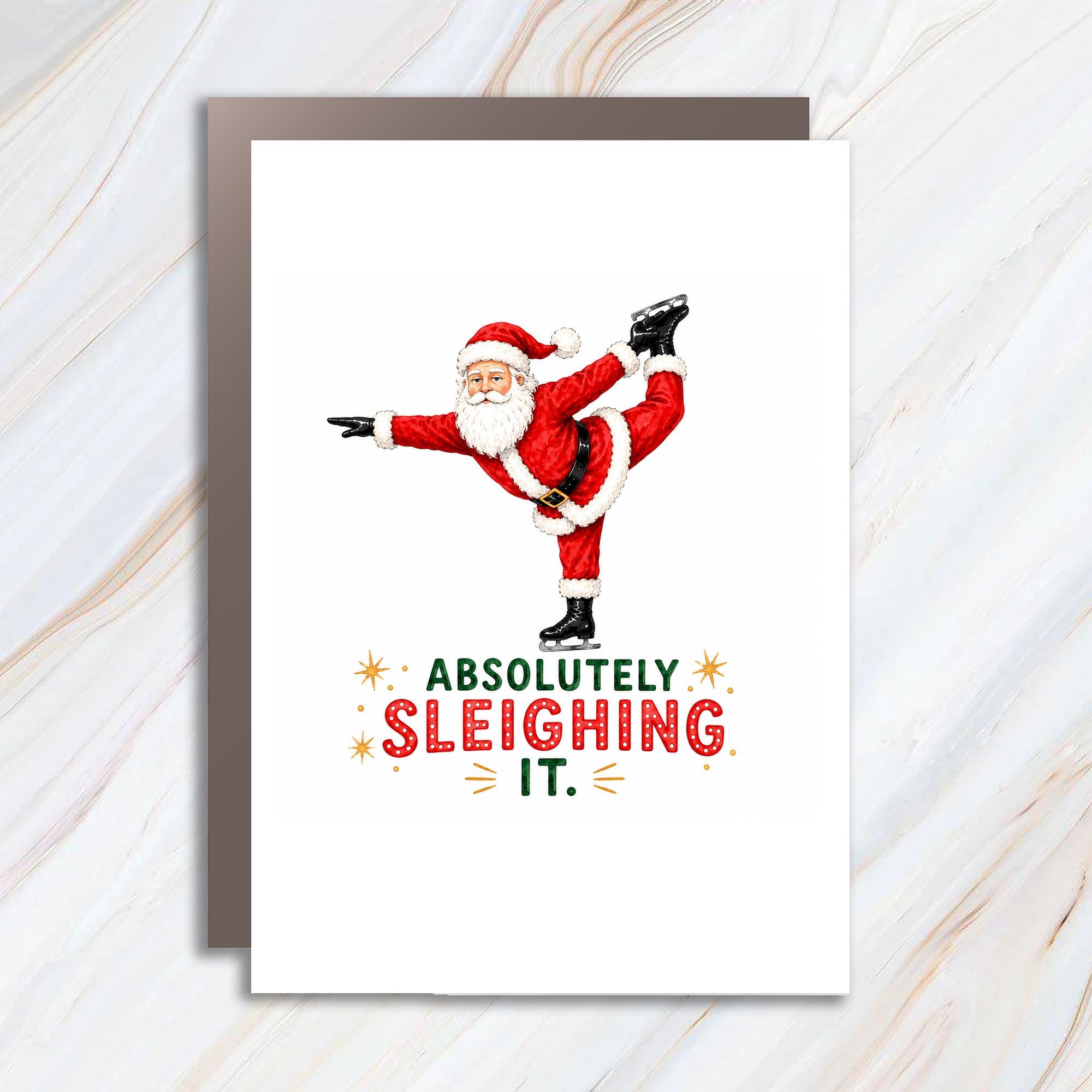 Absolutely Sleighing It. Funny Christmas Card Santa Ice Skating Holiday Greeting Card For Him Her Cute Festive Xmas Card C1628