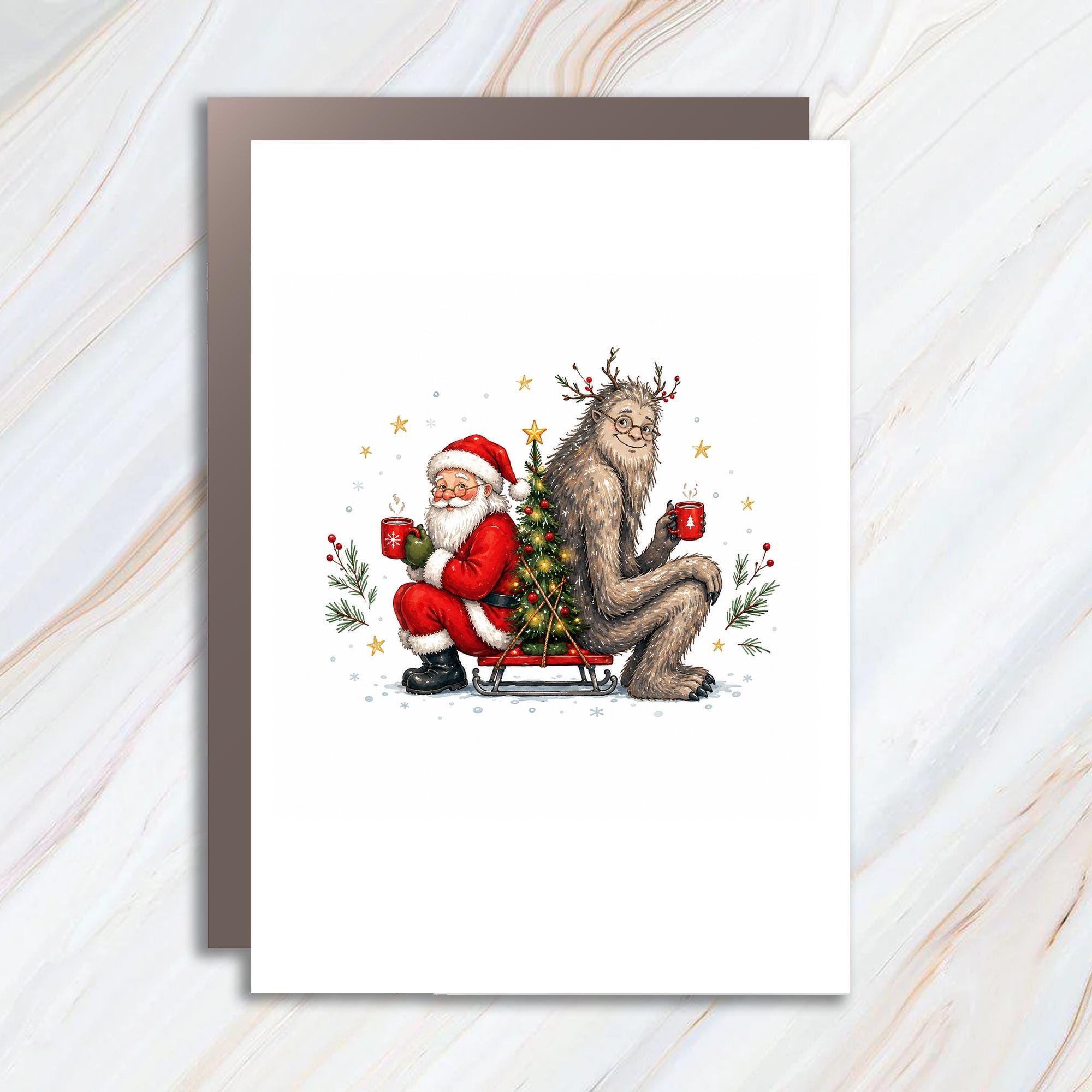 Santa And Yeti Christmas Greeting Card Cute Holiday Card Festive Winter Scene For Family Friends Fun Christmas Card C1640