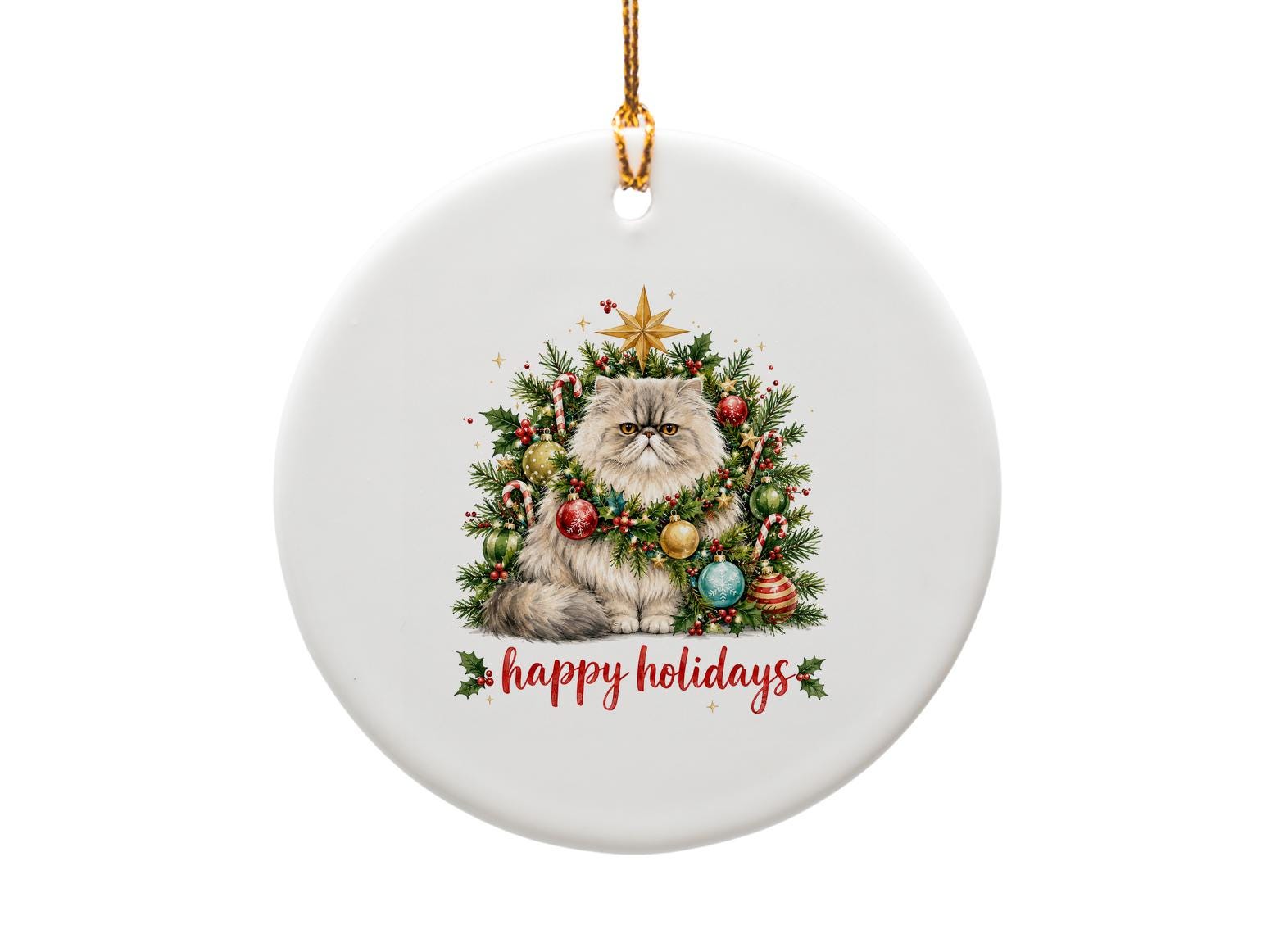 Happy Holidays Cat Ornament Christmas Decoration Cute Persian Cat Festive Wreath Holiday Decor Gift For Cat Lovers O1638