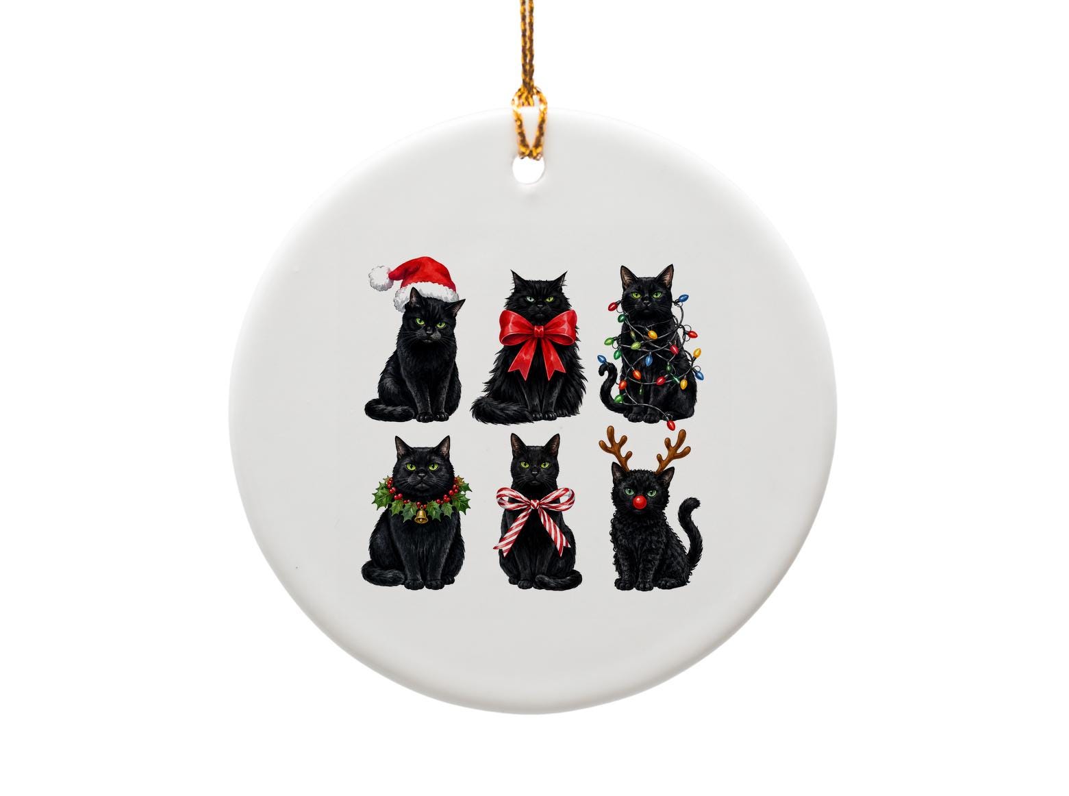 Black Cat Christmas Ornament Set Holiday Decor Cute Cat Lover Gift Festive Decorations Santa Hat Lights Bow Antlers O1610