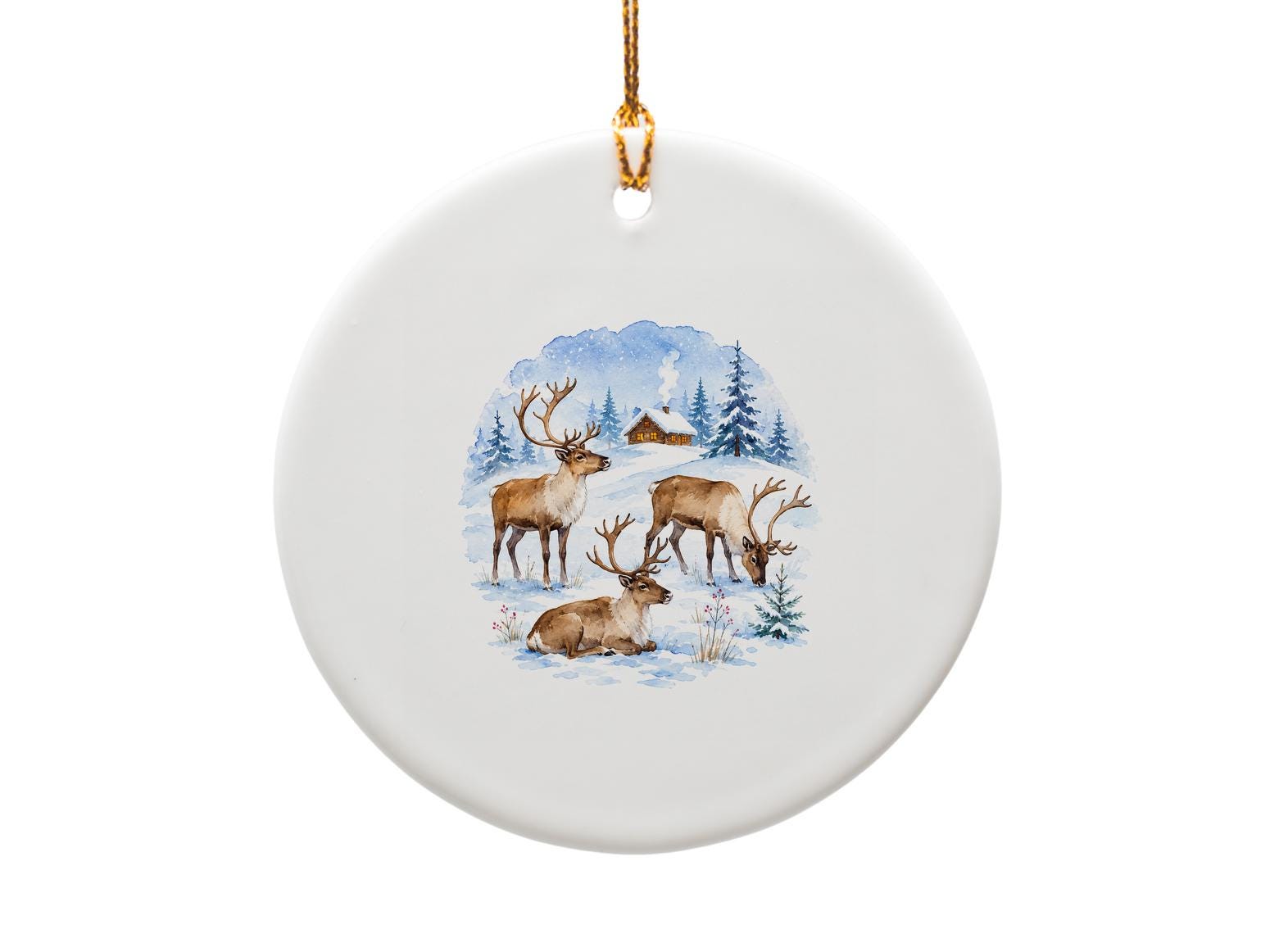Reindeer Christmas Ornament Winter Scene Holiday Decor Rustic Cabin Snowy Landscape Woodland Animal Ornament Xmas Gift O1611