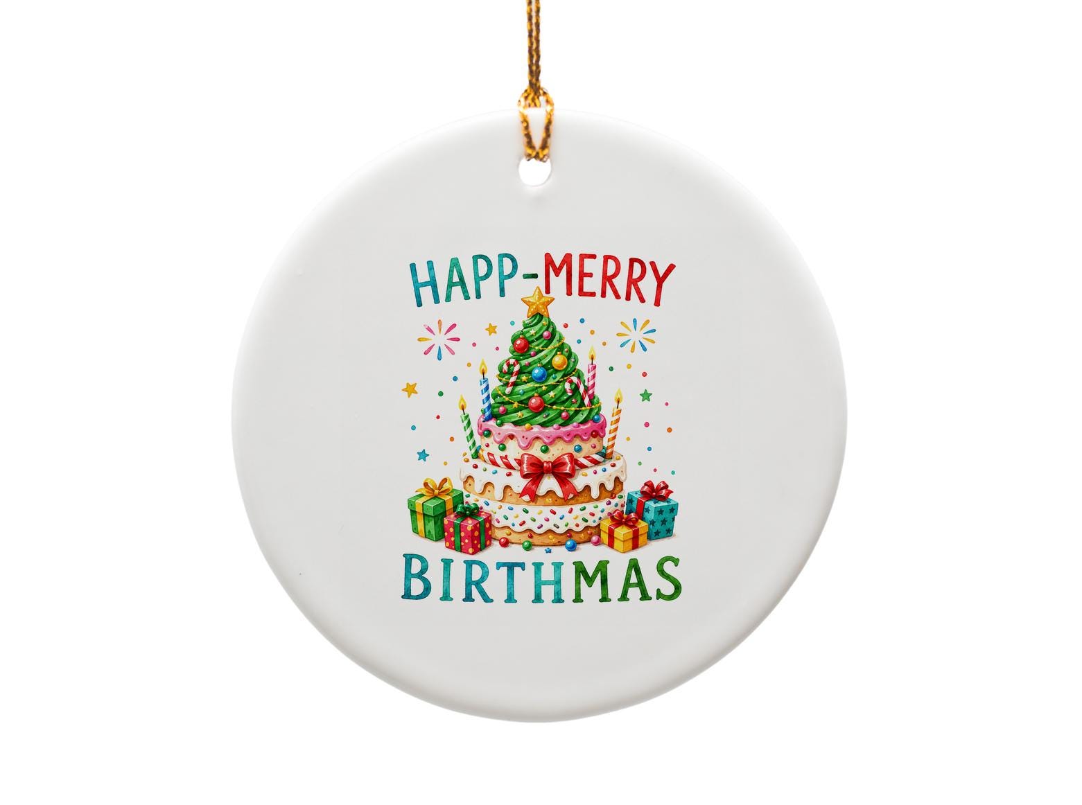 Happ-Merry Birthmas Ornament Christmas Birthday Tree Cake Decoration Festive Holiday Decor Gift Idea Colorful Present O1613