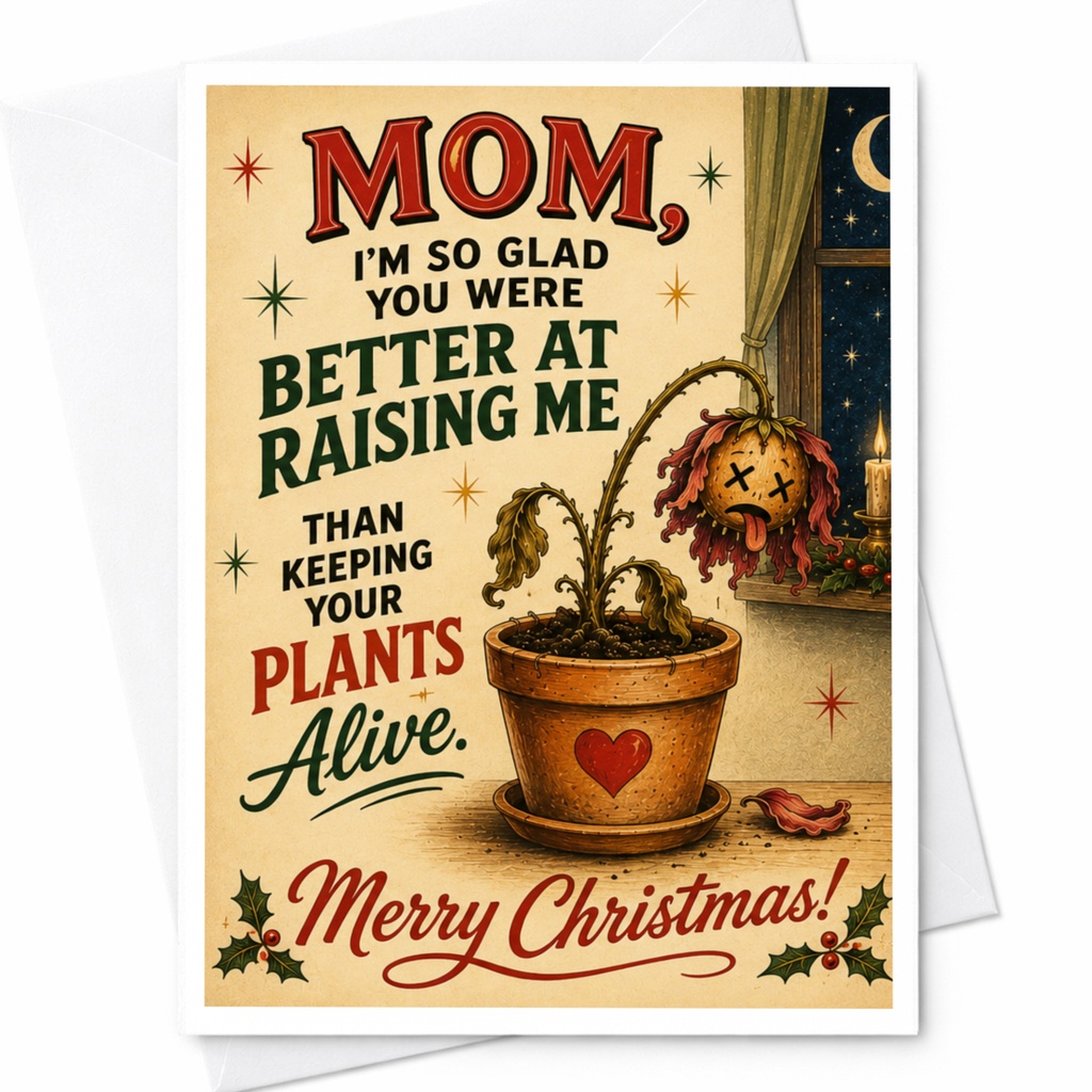 Mom, I'm So Glad You Were Better At Raising Me Than Keeping Your Plants Alive. Merry Christmas! Funny Christmas Card For Mom C6729