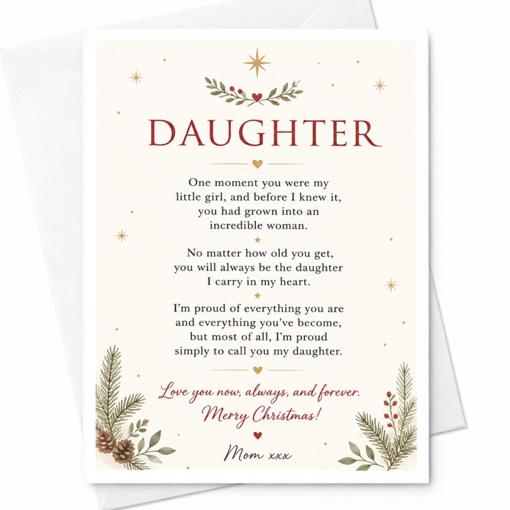 Love You Now, Always, And Forever. Merry Christmas! Daughter Christmas Card From Mom Sentimental Holiday Greeting Card C6731