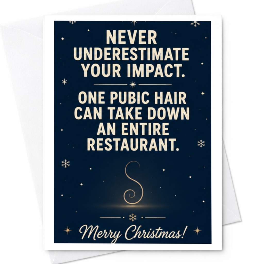 Never Underestimate Your Impact. One Pubic Hair Can Take Down An Entire Restaurant. Merry Christmas! Funny Christmas Card C6744