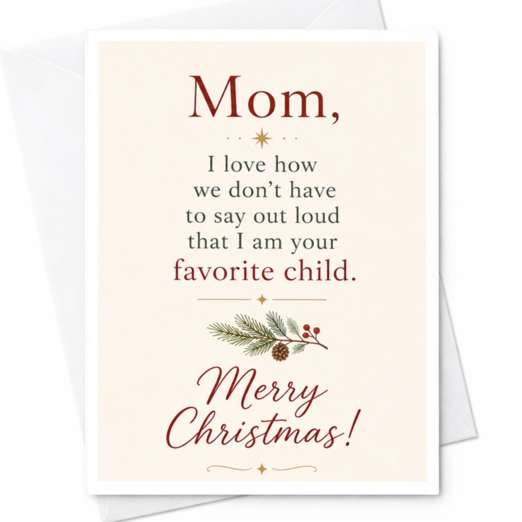 Mom, I Love How We Don’t Have To Say Out Loud That I Am Your Favorite Child. Merry Christmas! Funny Christmas Card For Mom From Fa C6745