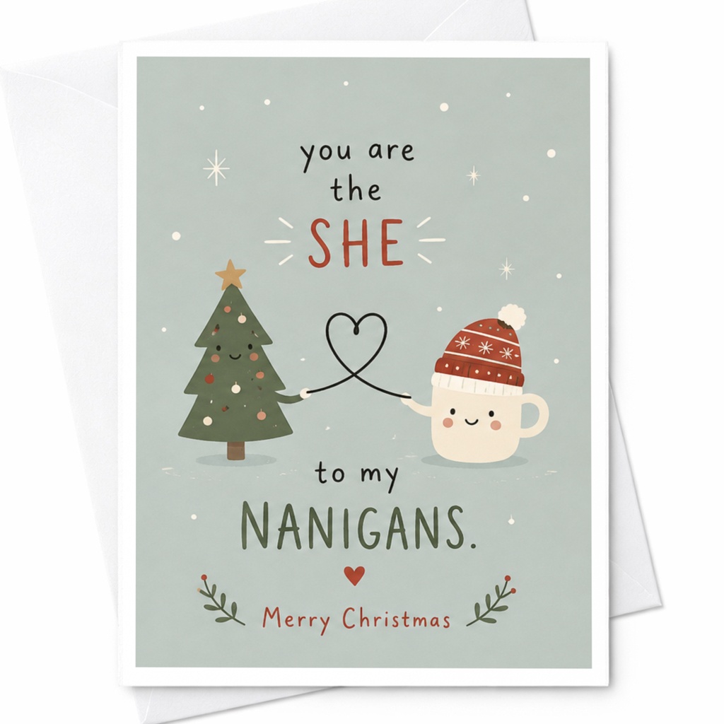 You Are The She To My Nanigans. Merry Christmas Cute Christmas Card Funny Holiday Greeting Card For Her Festive Tree Mug C6754