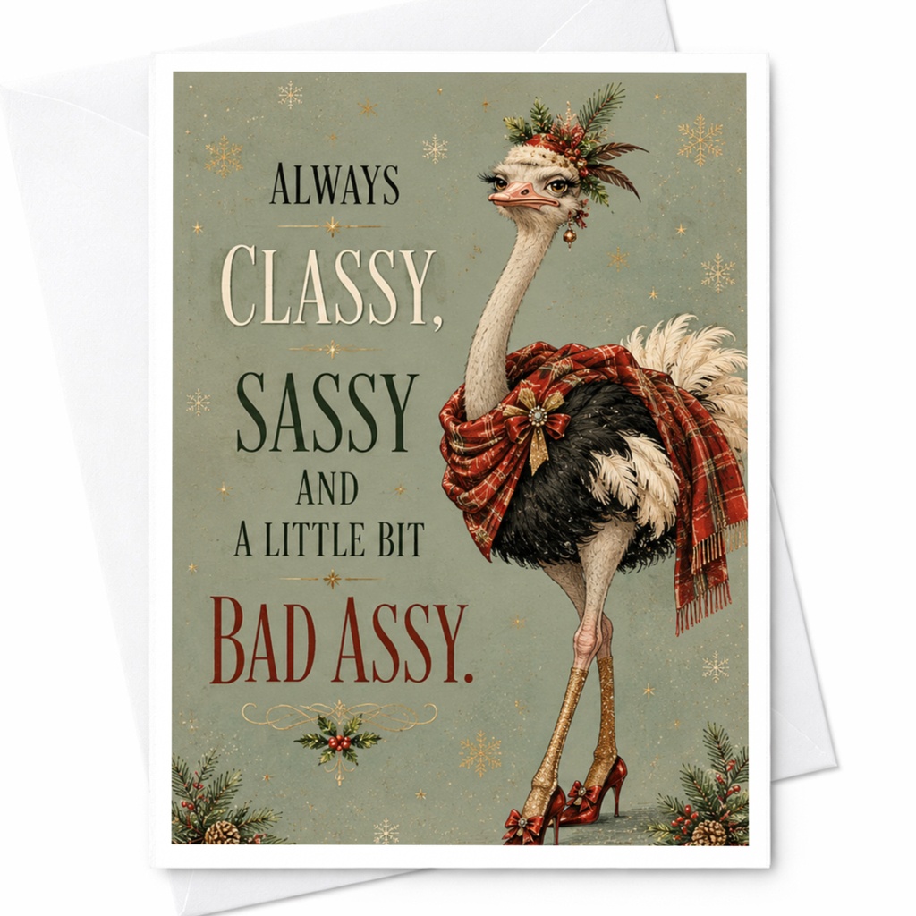 Always Classy, Sassy And A Little Bit Bad Assy Funny Greeting Card Ostrich Christmas Card For Her Holiday Card C6756