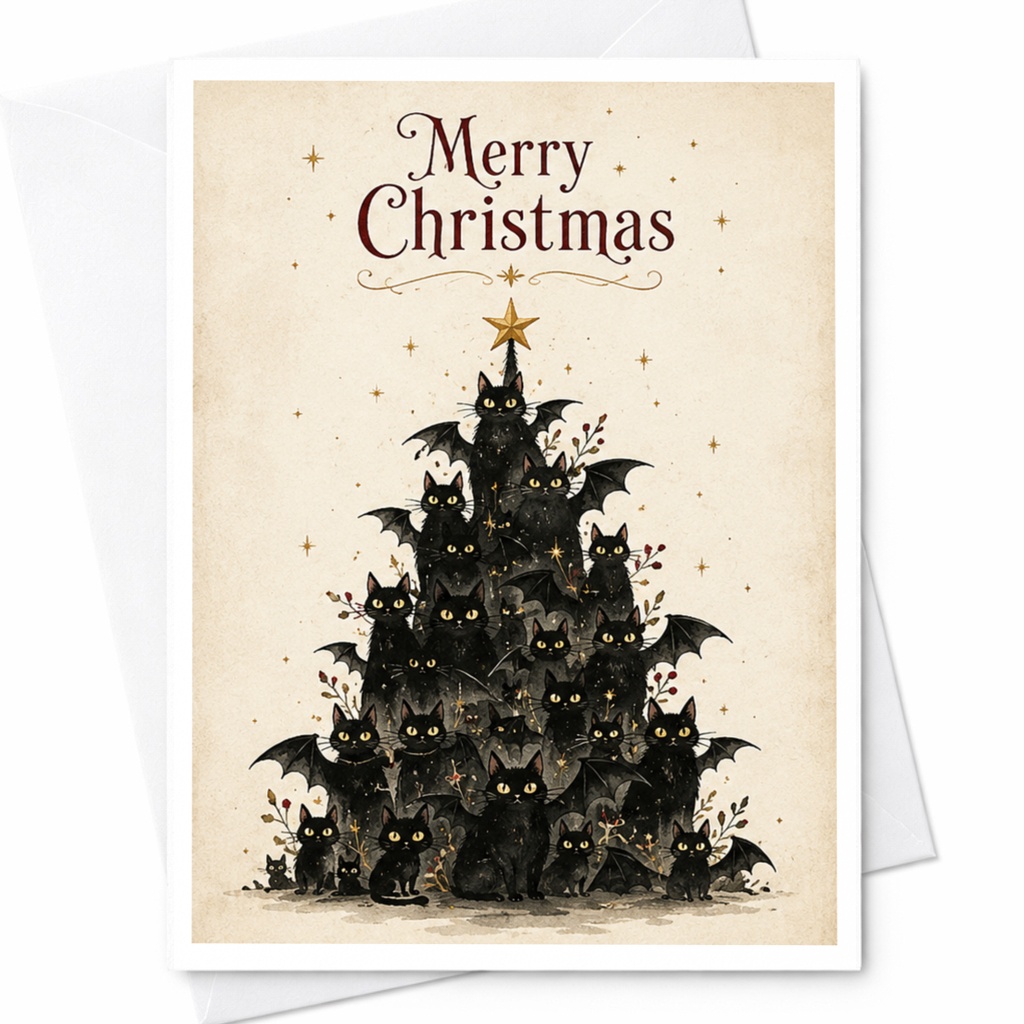 Merry Christmas Cute Cat Christmas Card Black Cats Tree Holiday Greeting Card For Cat Lover Whimsical Festive Card C6760