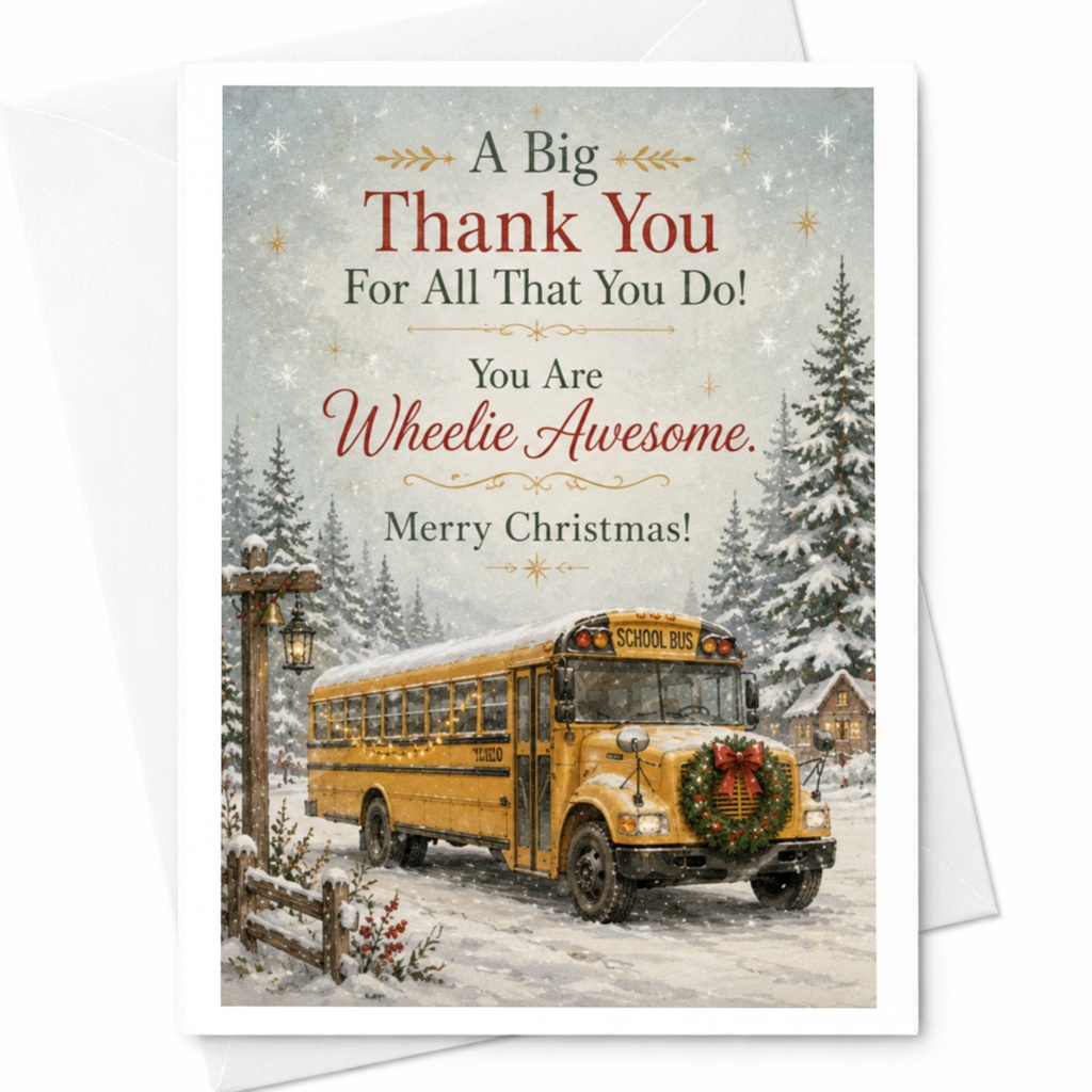 A Big Thank You For All That You Do! You Are Wheelie Awesome. Merry Christmas! Christmas Thank You Card School Bus C6764