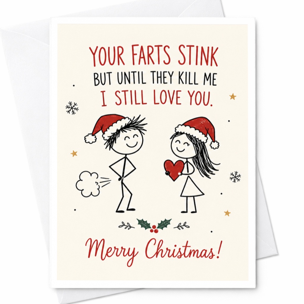 Your Farts Stink But Until They Kill Me I Still Love You. Merry Christmas! Funny Christmas Card For Couple Cute Holiday Greeting C6765