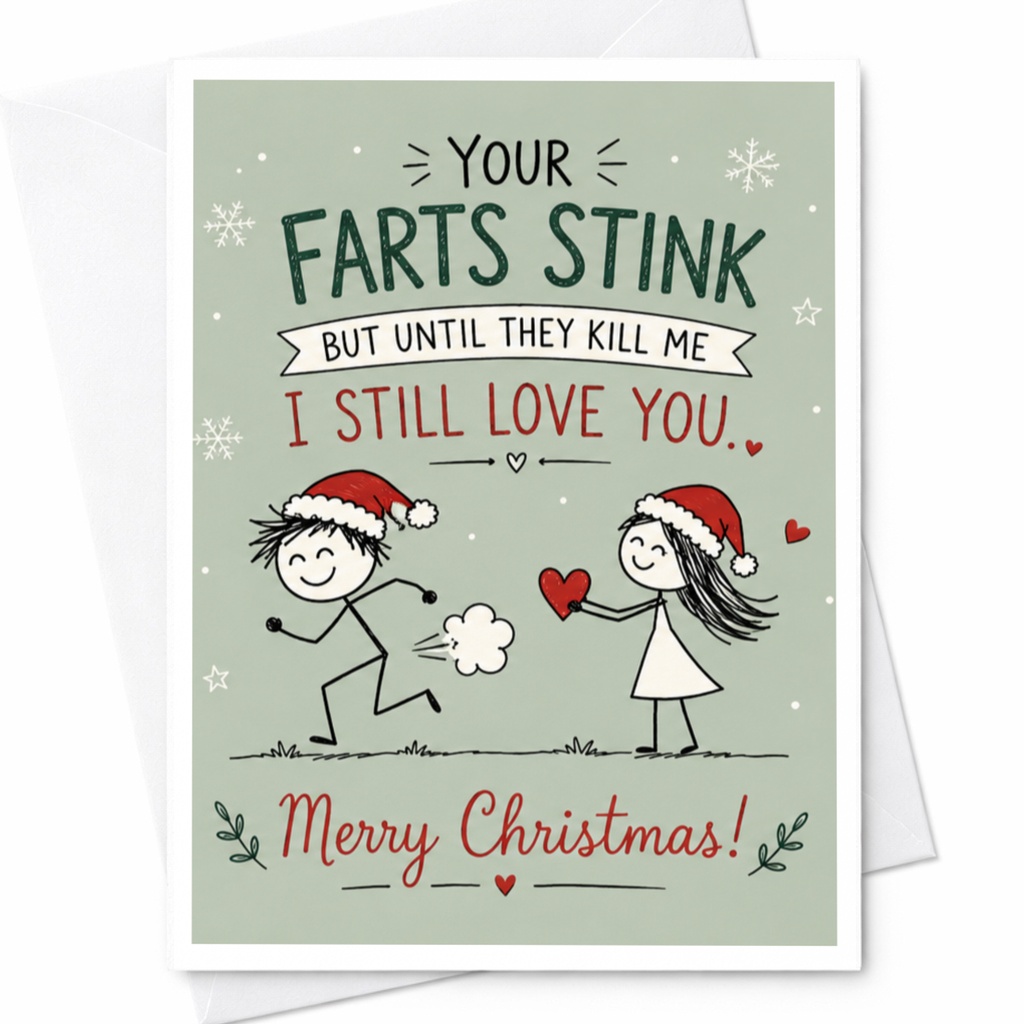Your Farts Stink But Until They Kill Me I Still Love You. Merry Christmas! Funny Christmas Card For Couple Holiday Greeti C6766