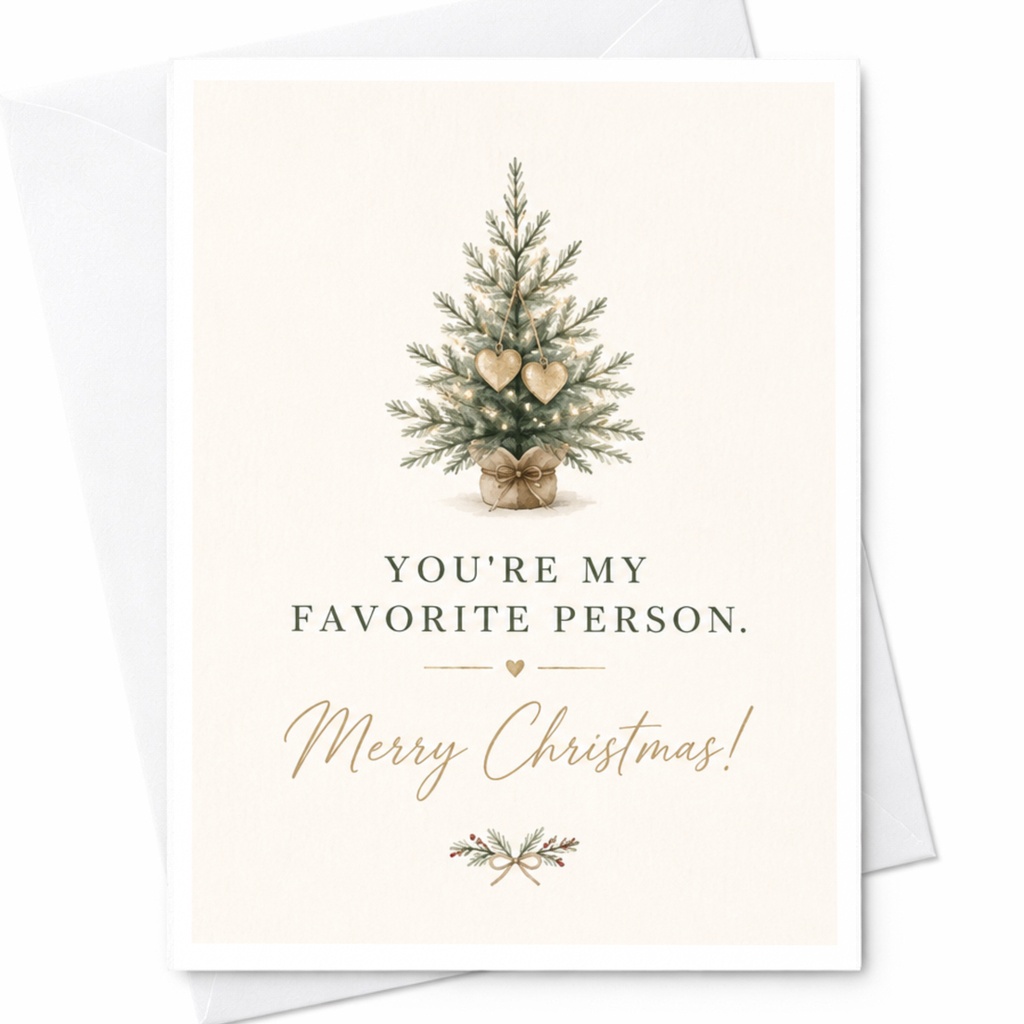 You're My Favorite Person. Merry Christmas! Cute Christmas Card For Loved One Holiday Greeting Card With Tree And Hearts C6767
