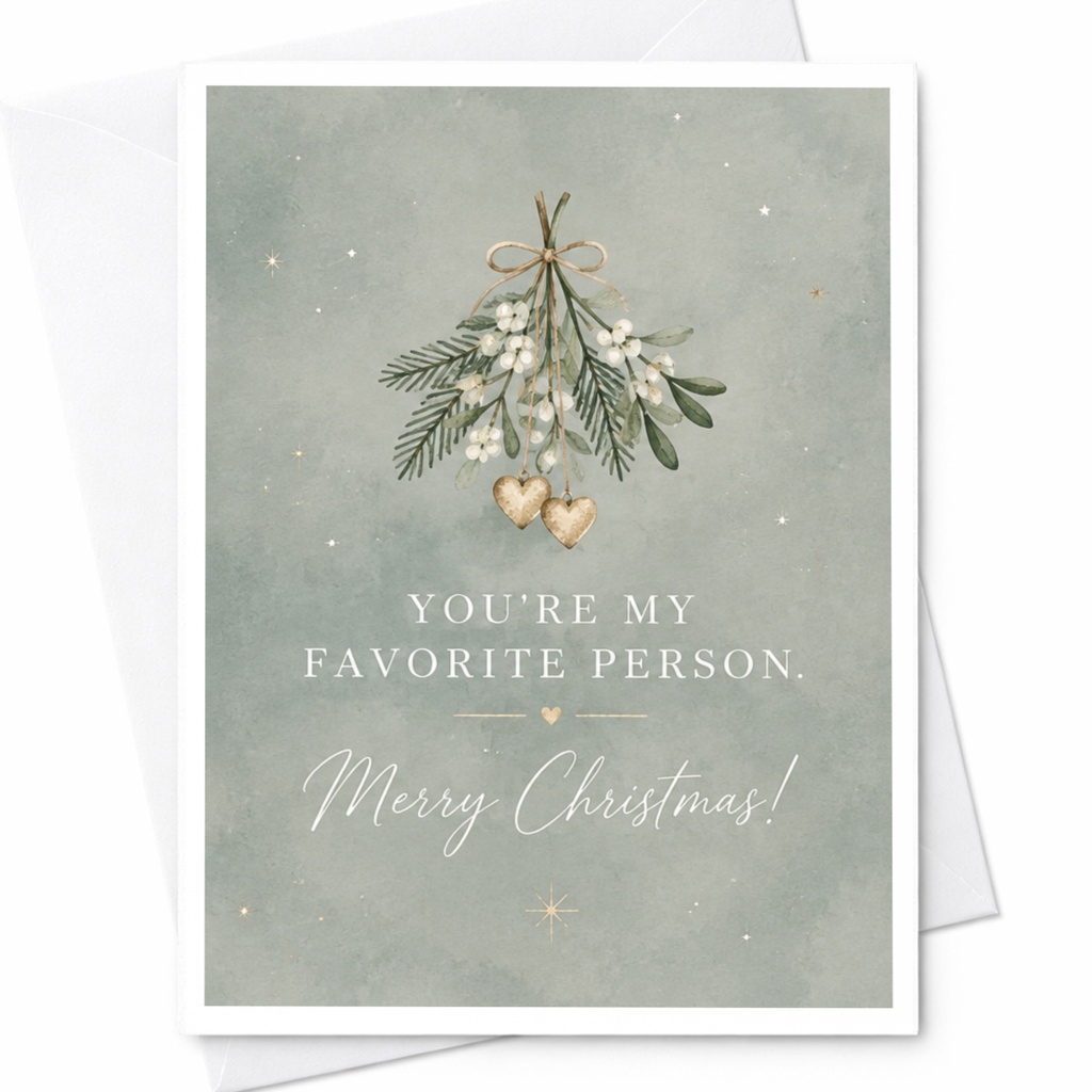 You're My Favorite Person. Merry Christmas! Cute Christmas Card Mistletoe Hearts Holiday Greeting Card For Loved One C6768