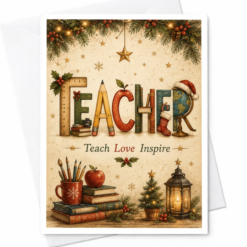 Teacher Teach Love Inspire Christmas Card Holiday Greeting Card For Teacher Appreciation Festive Teacher Gift Card C6783