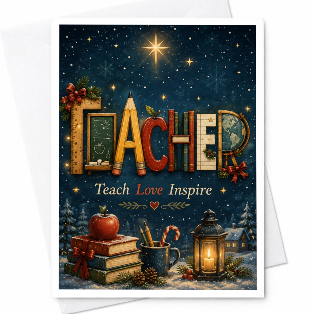 Teacher Teach Love Inspire Christmas Card Holiday Greeting Card For Teacher Appreciation Winter Scene Festive C6784