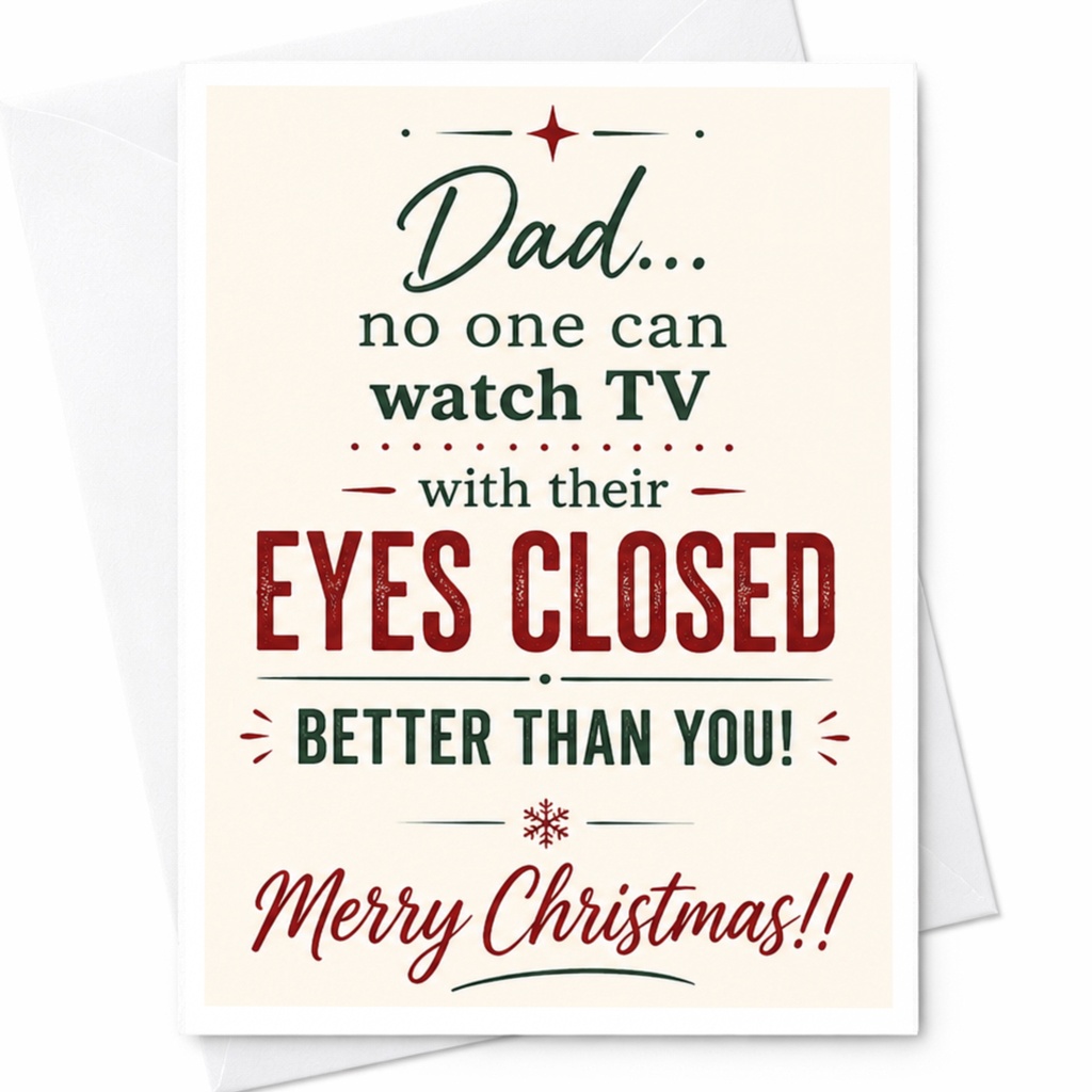 Dad... No One Can Watch Tv With Their Eyes Closed Better Than You! Merry Christmas Card Funny Holiday Card For Dad From Kids C6724