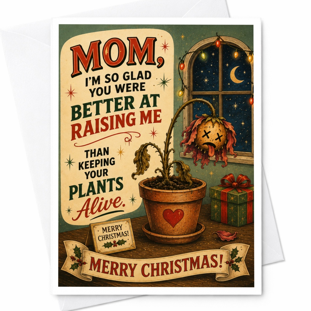 Mom, I'm So Glad You Were Better At Raising Me Than Keeping Your Plants Alive. Merry Christmas! Funny Christmas Card For Mom C6730