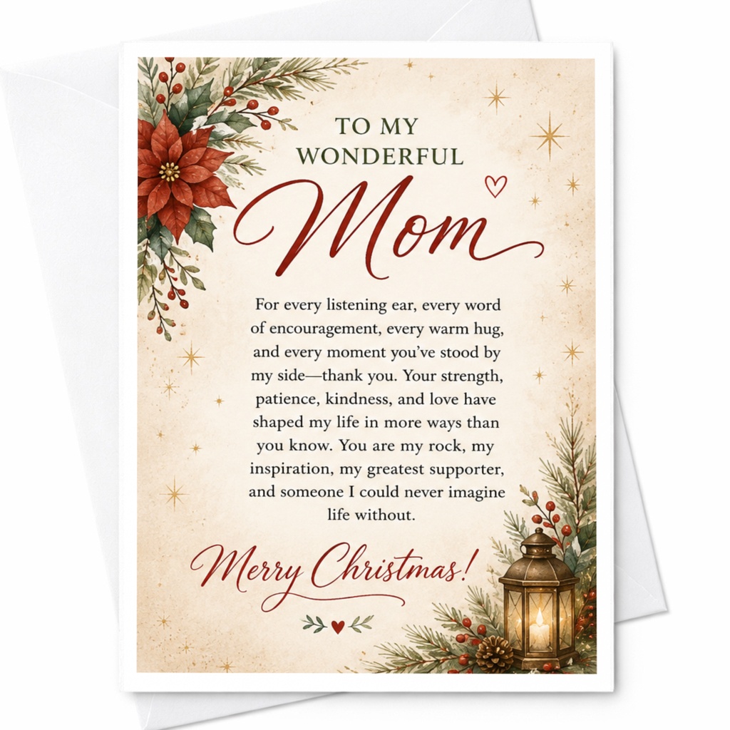 To My Wonderful Mom Merry Christmas! Floral Christmas Card For Mom Holiday Greeting Card Festive Lantern Sentimental C6737