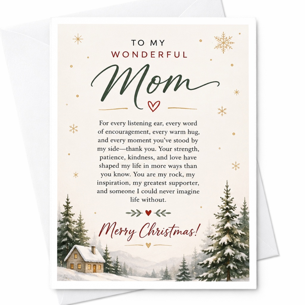 To My Wonderful Mom Merry Christmas! Holiday Card For Mom Christmas Greeting Card Snowy Cabin Scene Sentimental Card C6738