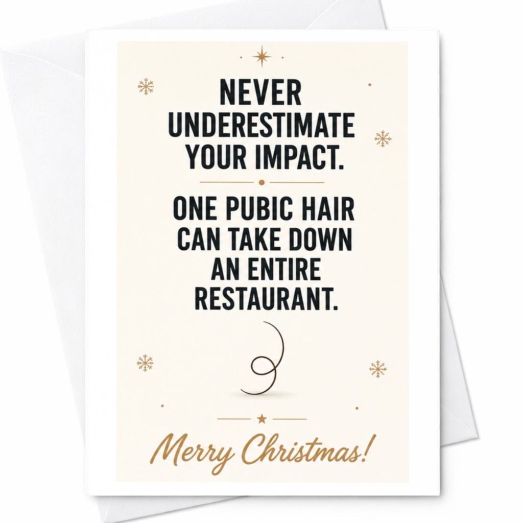 Never Underestimate Your Impact. One Pubic Hair Can Take Down An Entire Restaurant. Merry Christmas! Funny Christmas Card C6743
